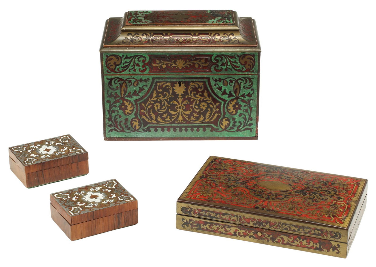 (4) BOXES WITH BOULLE STYLE CUT-BRASS MARQUETRY (1 of 3)