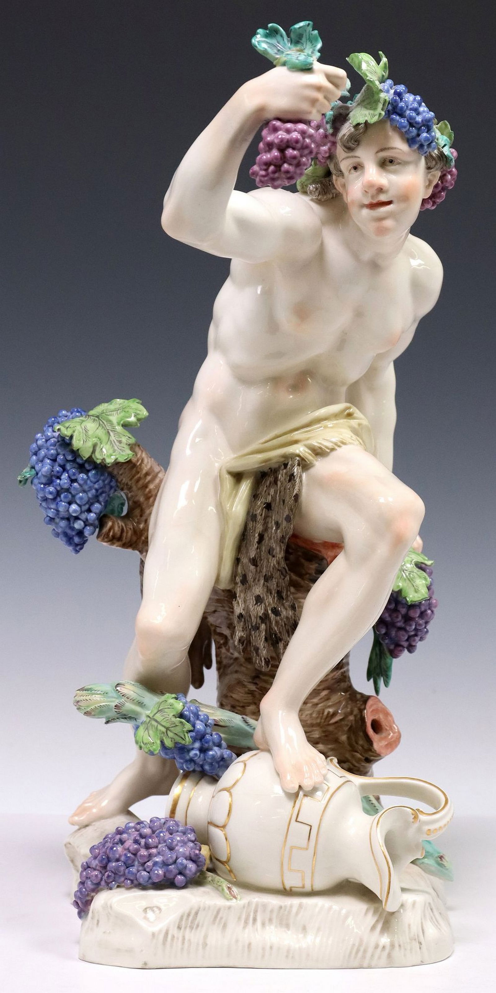 LARGE GERMAN NYMPHENBURG PORCELAIN FIGURE, BACCHUS ON TREE STUMP (1 of 5)