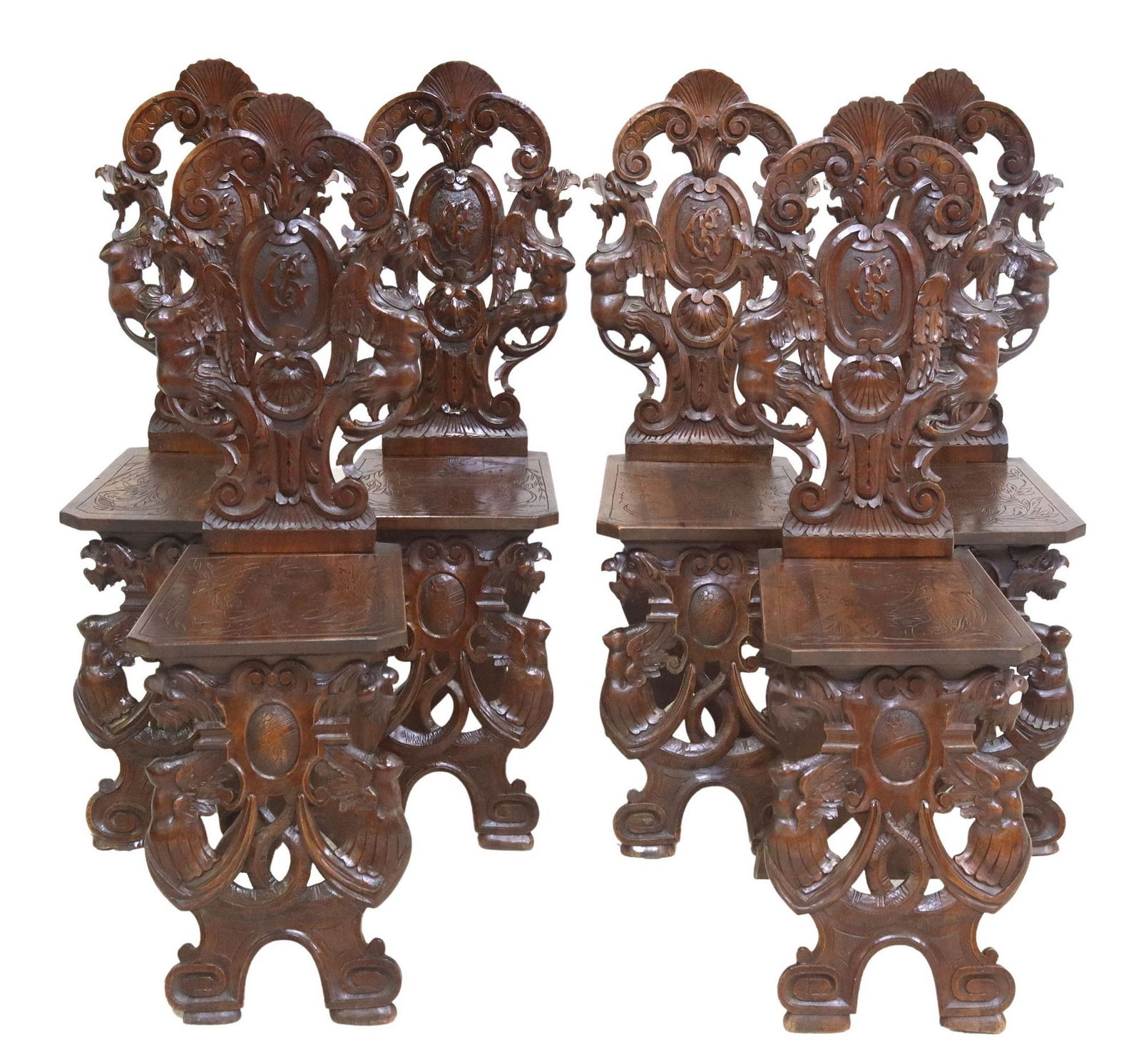 (6) ITALIAN RENAISSANCE REVIVAL CARVED ARMORIAL WALNUT HALL CHAIRS (1 of 5)