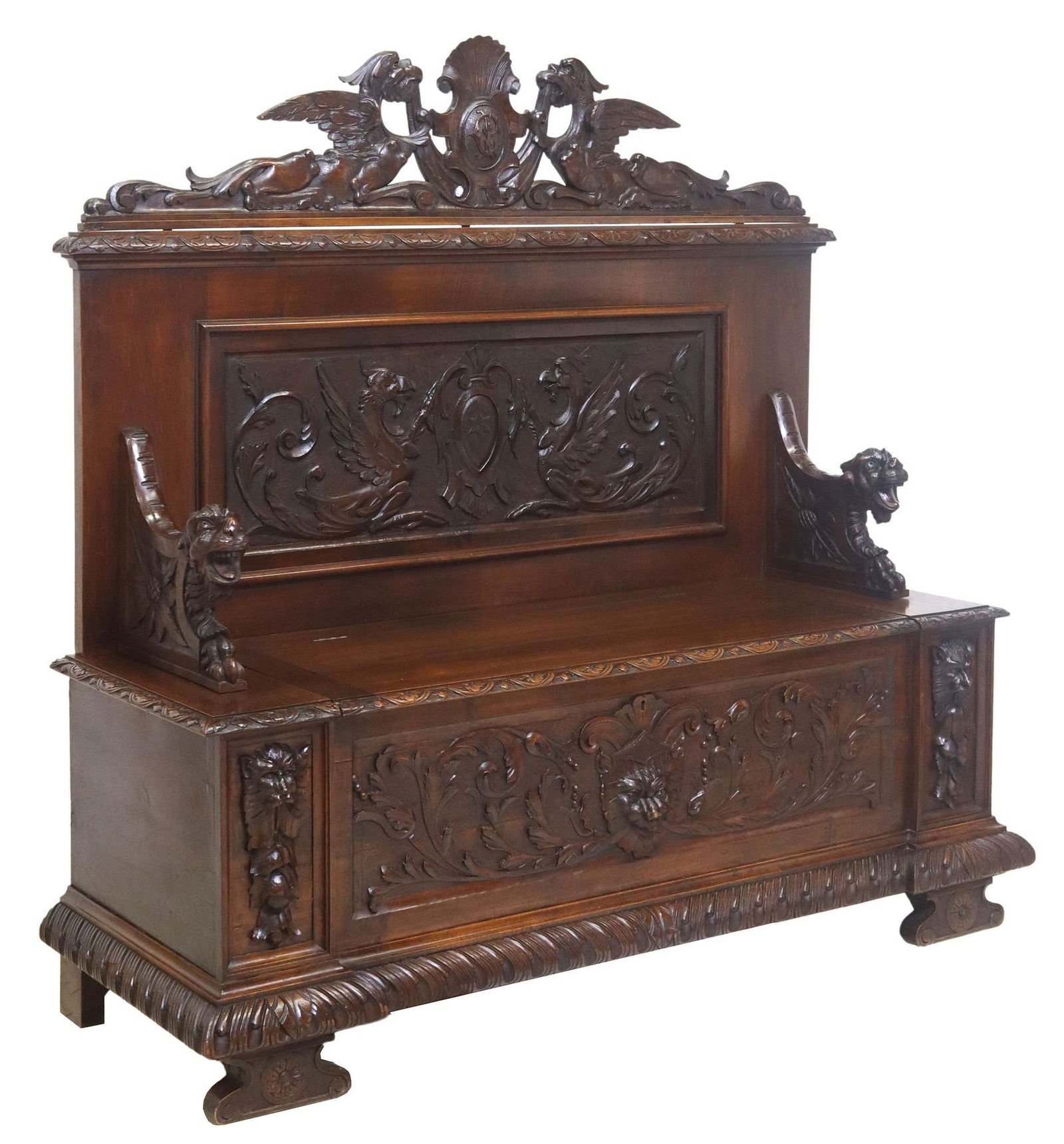 ITALIAN RENAISSANCE REVIVAL CARVED WALNUT HALL BENCH (1 of 7)