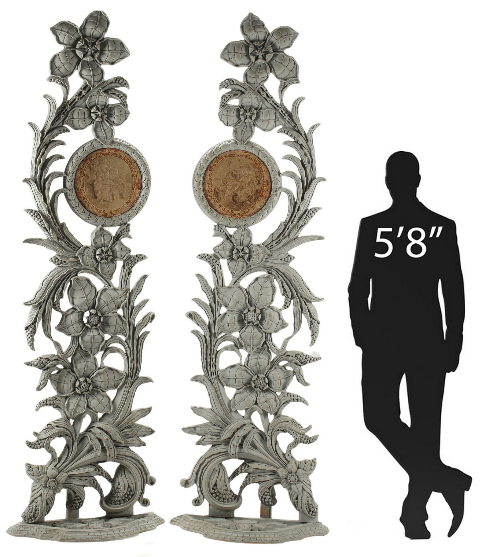 (2) LARGE CARVED & PAINTED TAPESTRY INSET FLOOR ORNAMENTS, 91"H X 28"W (1 of 6)