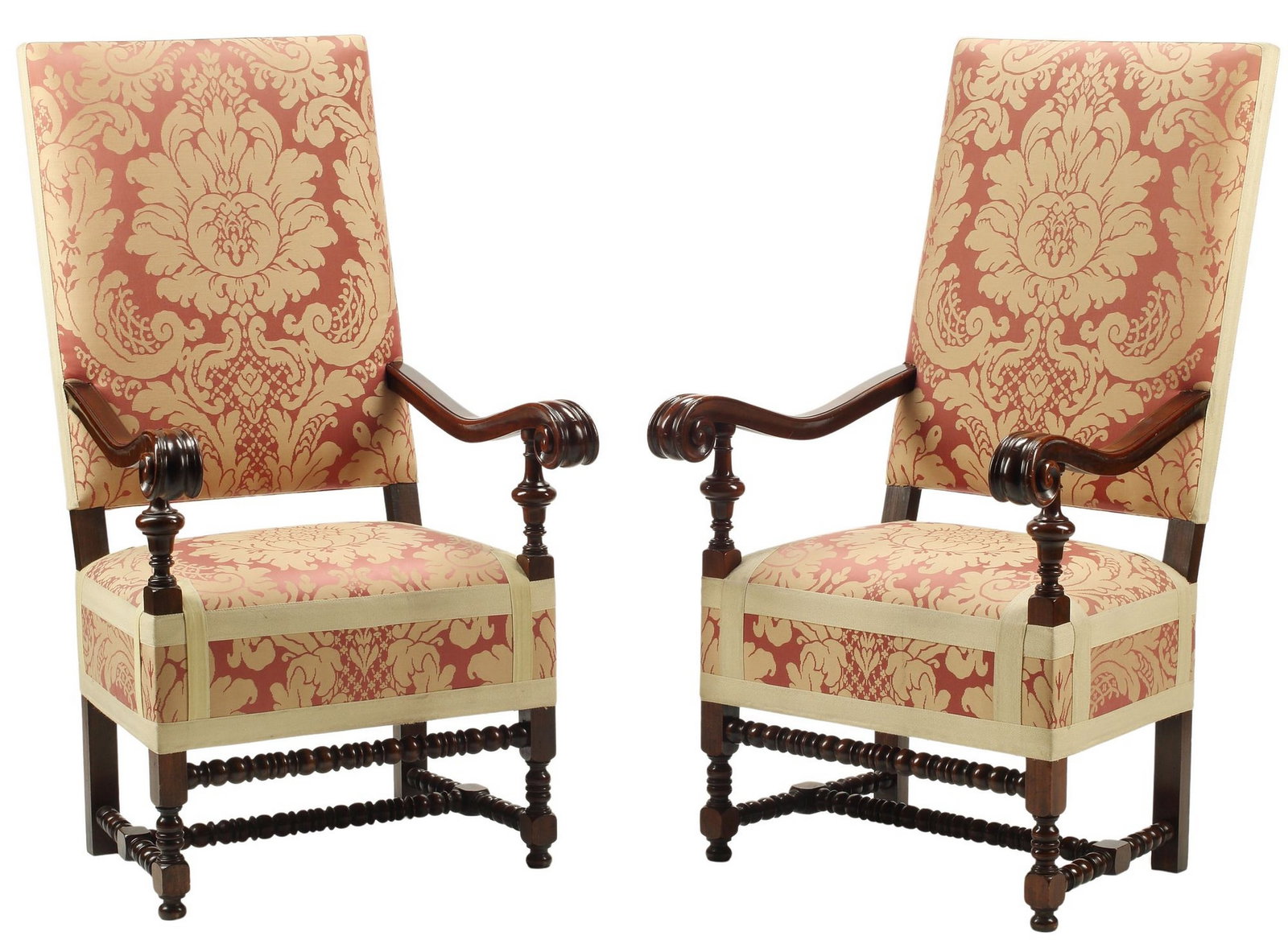 (2) LOUIS XIII STYLE DAMASK-UPHOLSTERED FAUTEUILS: (pair) Louis XIII style armchairs in damask upholstery, approx 51.5"h, 28"w, 23"d, seat height: approx 20"h
