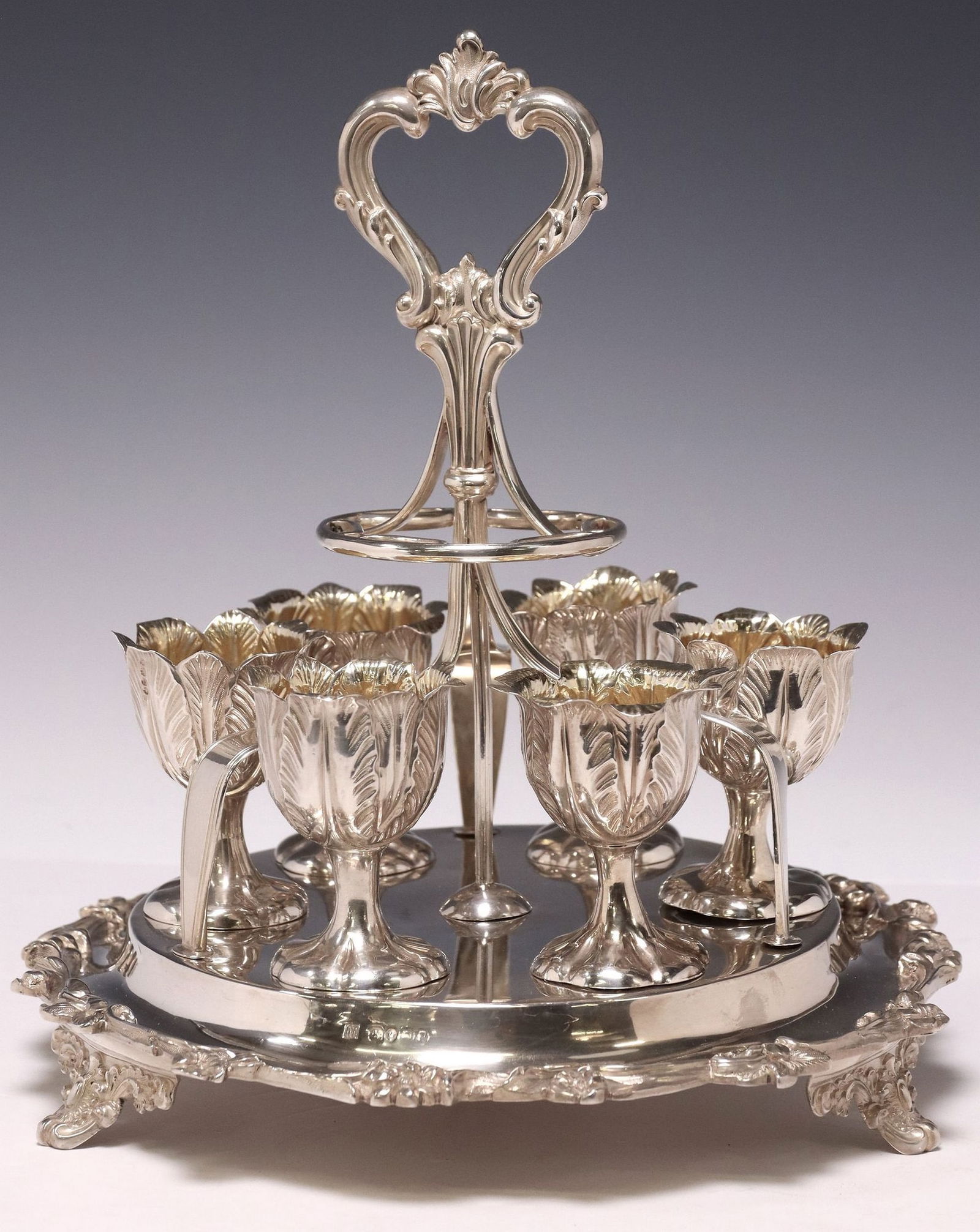 VICTORIAN STERLING SILVER EGG-FRAME WITH SIX EGG-CUPS (1 of 4)