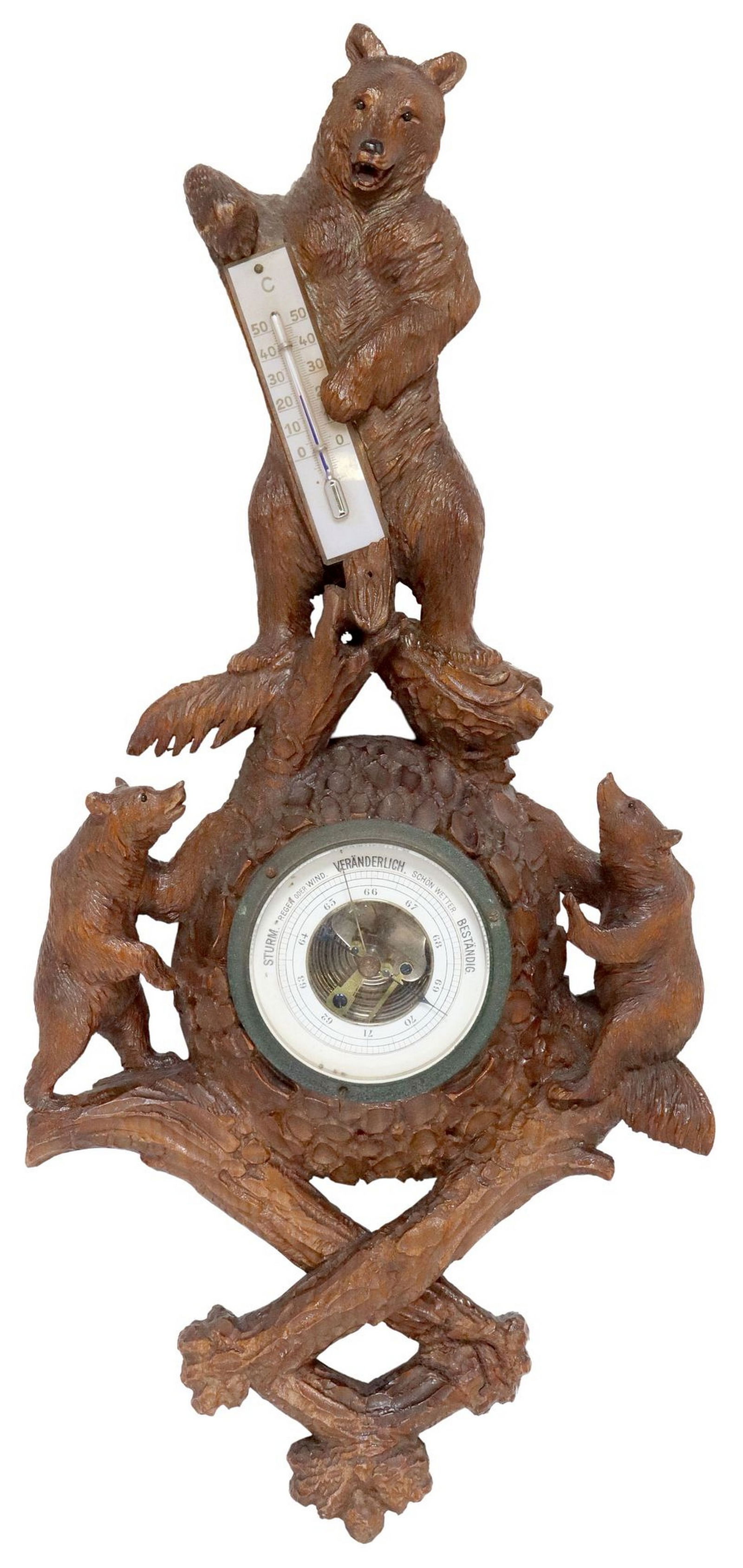 BLACK FOREST FIGURAL CARVED BEAR BAROMETER & THERMOMETER (1 of 4)