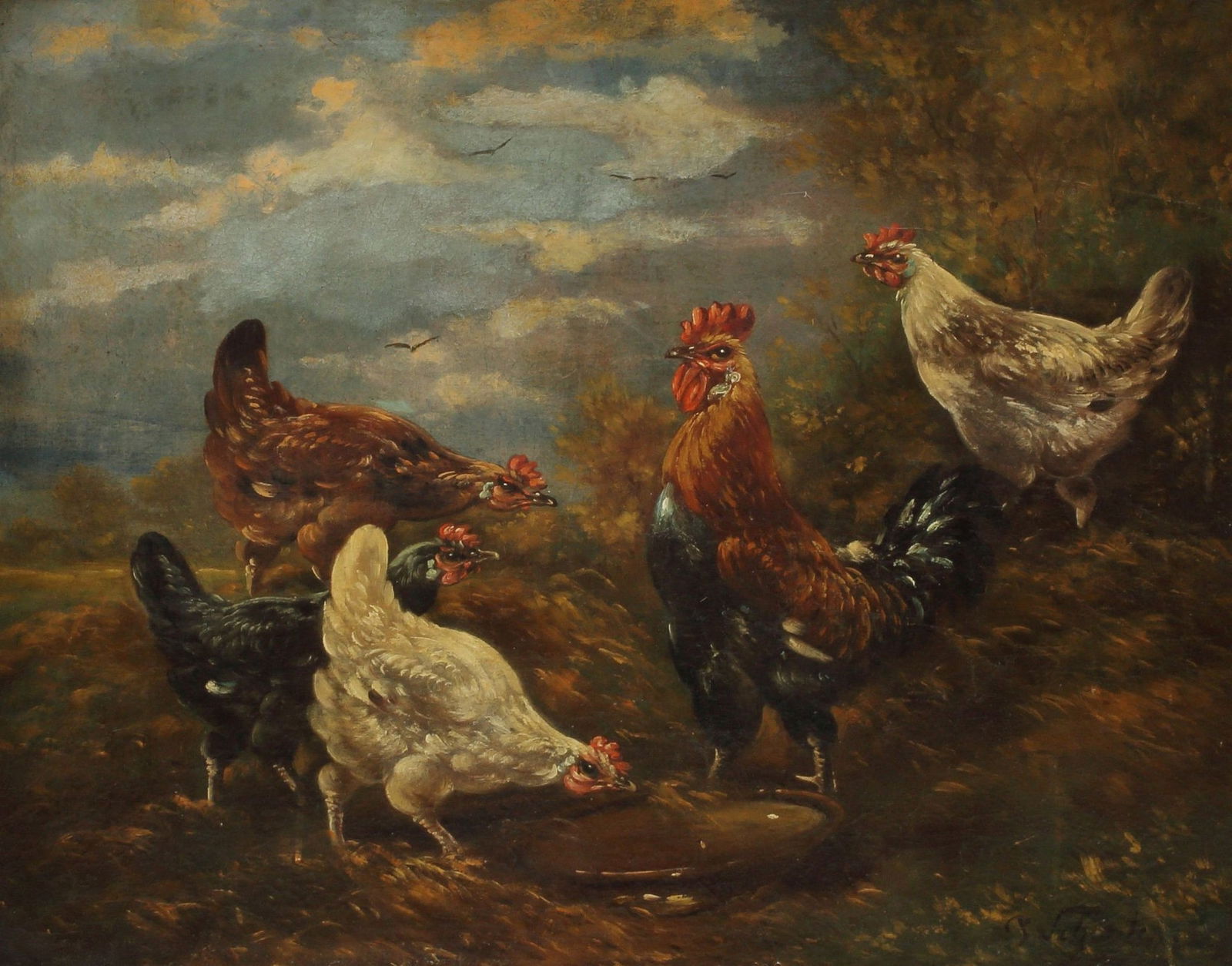 PAUL HENRY SCHOUTEN (1860-1922) PAINTING OF A ROOSTER & HENS (1 of 6)