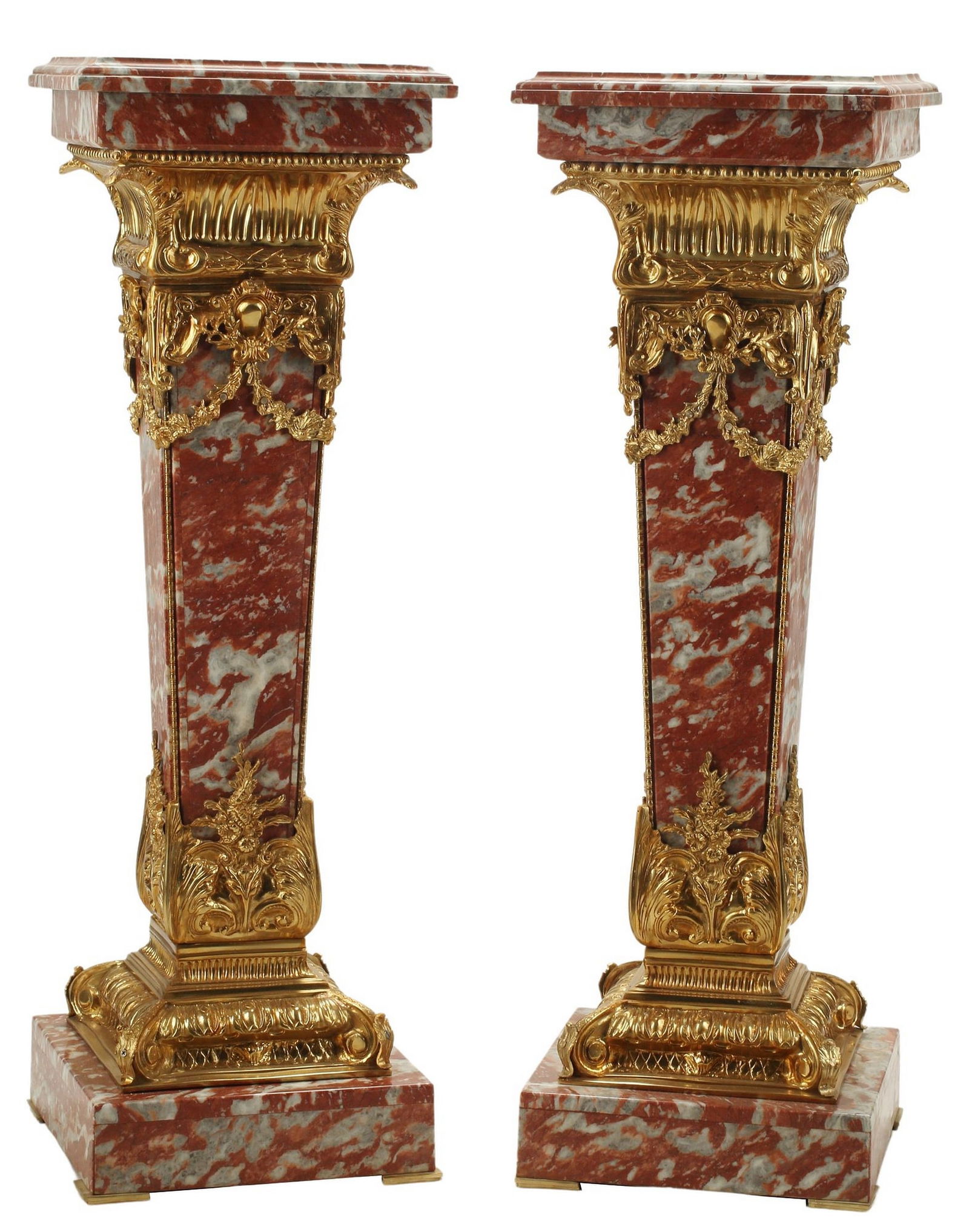 (2) ORMOLU-MOUNTED ROUGE & GREY-VEINED MARBLE PEDESTALS (1 of 5)