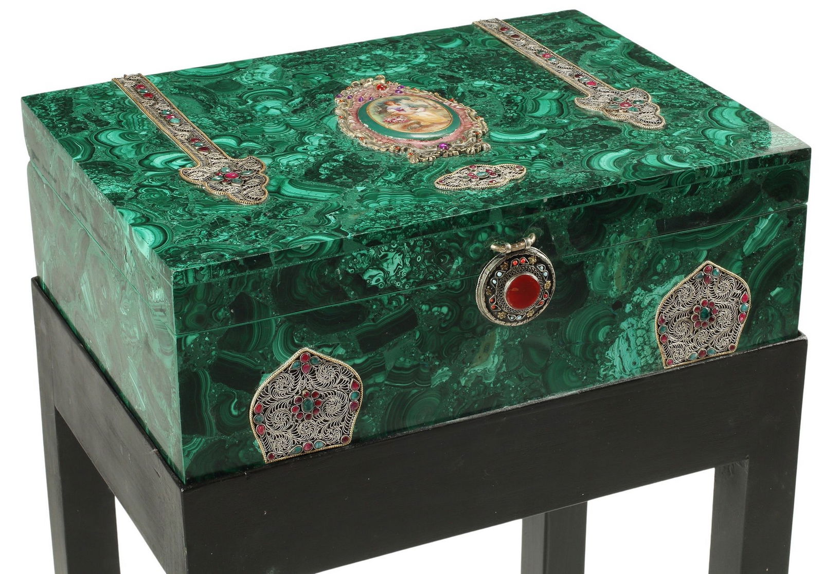 JEWELED & SILVERED FILIGREE-MOUNTED MALACHITE BOX ON STAND (1 of 4)
