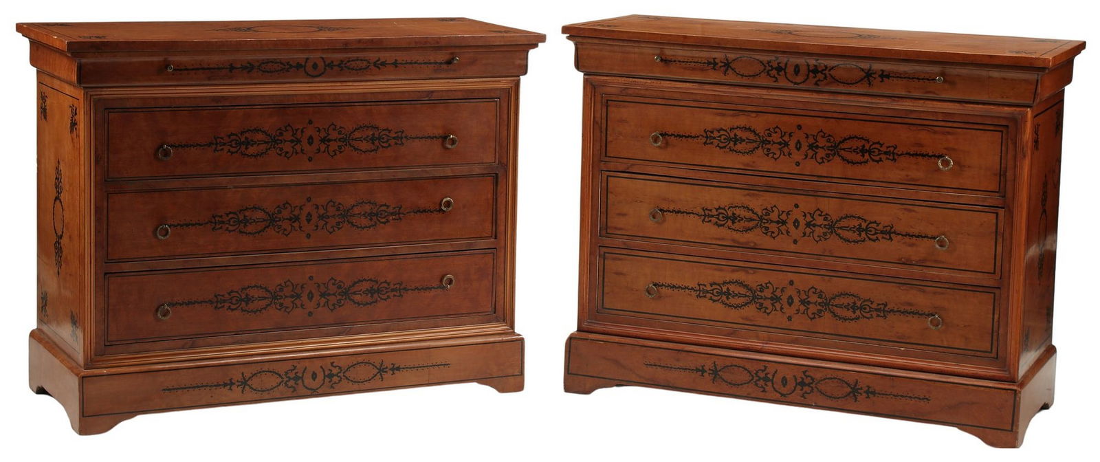 (2) CHARLES X STYLE COMMODES: (lot of 2) Charles X style commodes, near pair with slightly varied heights, four drawers, on bracket feet, largest: approx 39"h, 50"w, 21.5"d
