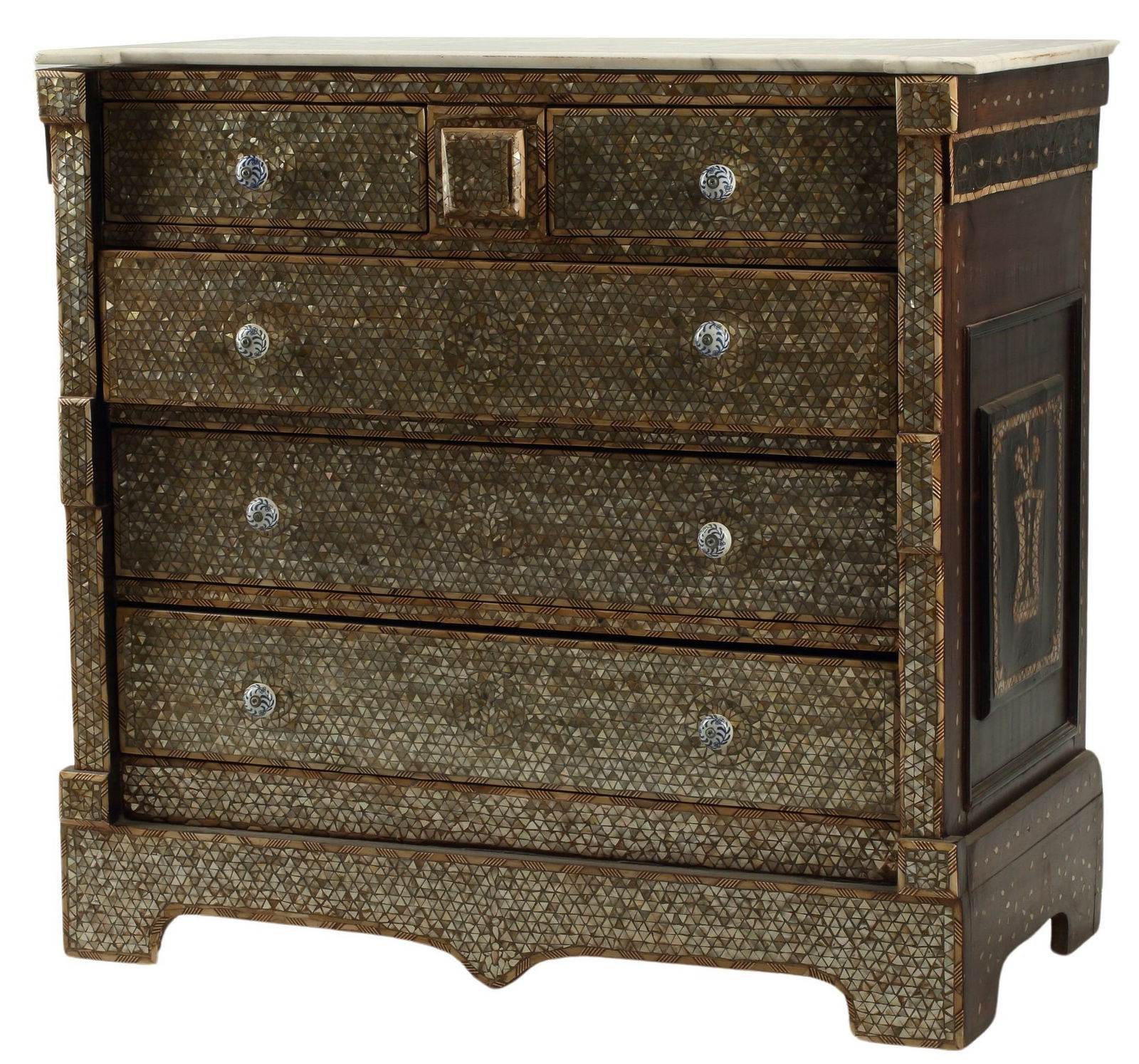 SYRIAN SHELL-INLAID COMMODE: Syrian shell-inlaid chest of drawers with marble top, approx 47"h, 50"w, 21.5"d
