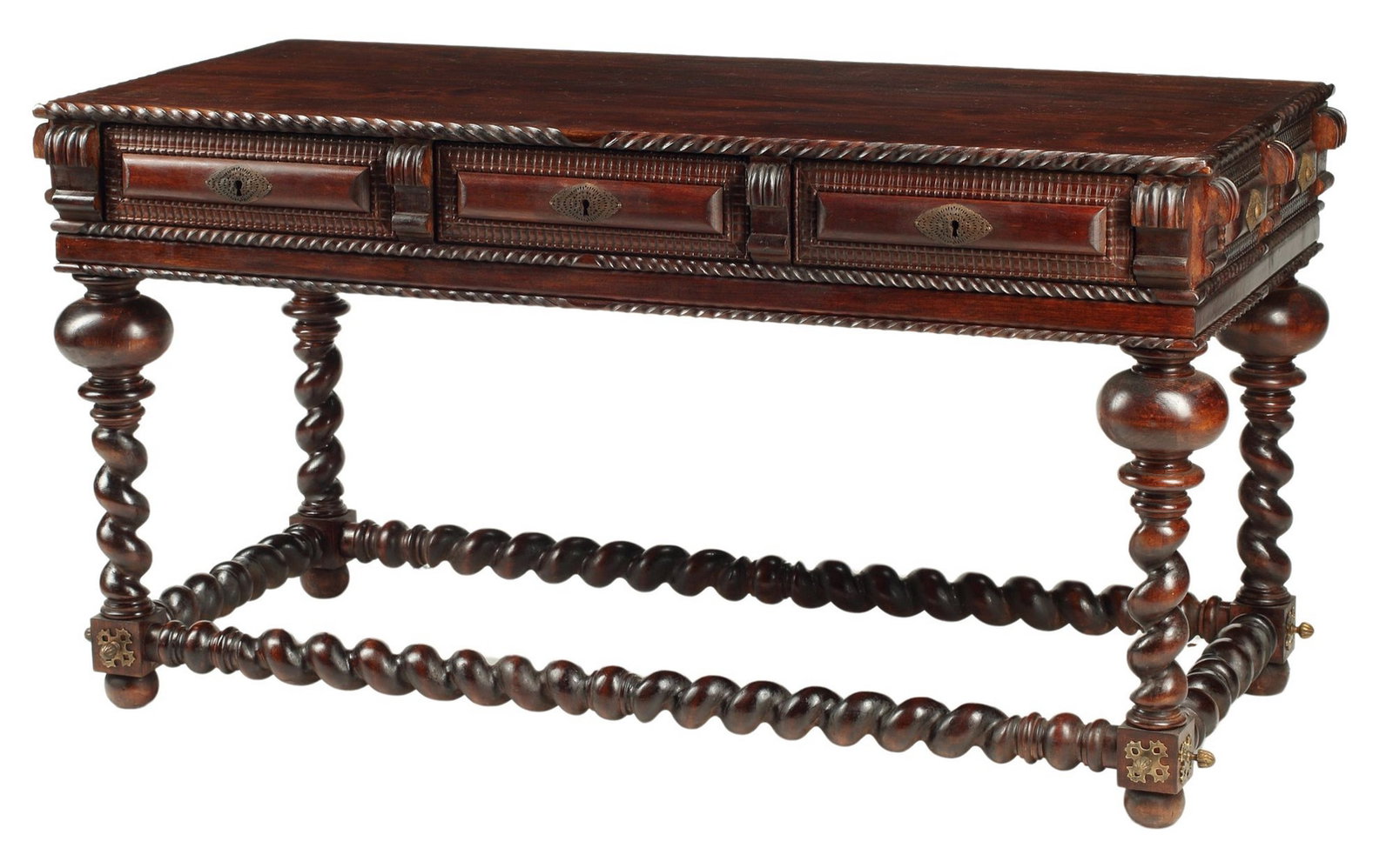 PORTUGUESE BAROQUE STYLE CARVED TABLE: Portuguese Baroque style table, the rectangular top with carved edge, over three frieze drawers, on sprialed box-stretcher base, approx 44.5"h, 32"w, 26"d, clearance (bottom o