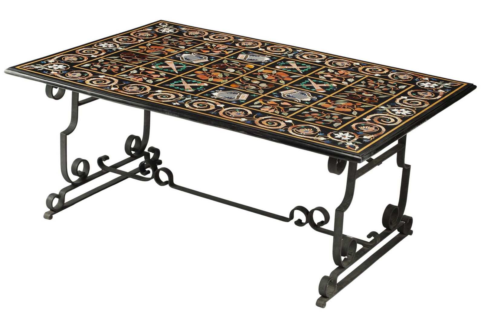 PIETRA DURA MARBLE TABLETOP ON WROUGHT IRON BASE (1 of 4)
