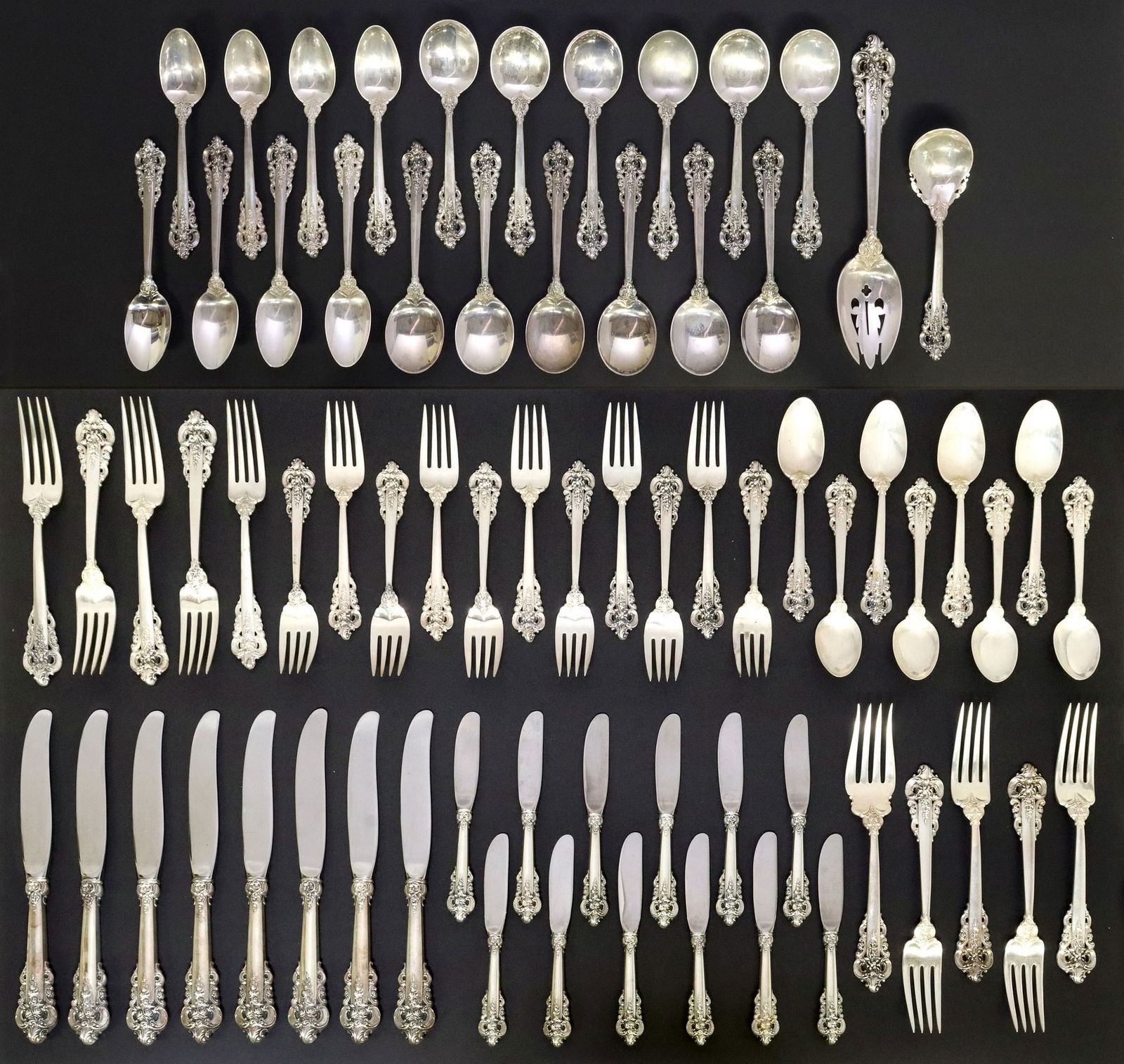 (71) WALLACE 'GRANDE BAROQUE' STERLING SILVER FLATWARE SERVICE: (set of 71) American sterling silver flatware service, Wallace Silversmiths, in the "Grande Baroque" pattern, no observed monograms, including: (8) knives, 9.75"l; (13) knives, 8 7/8"l; (12) butter sp