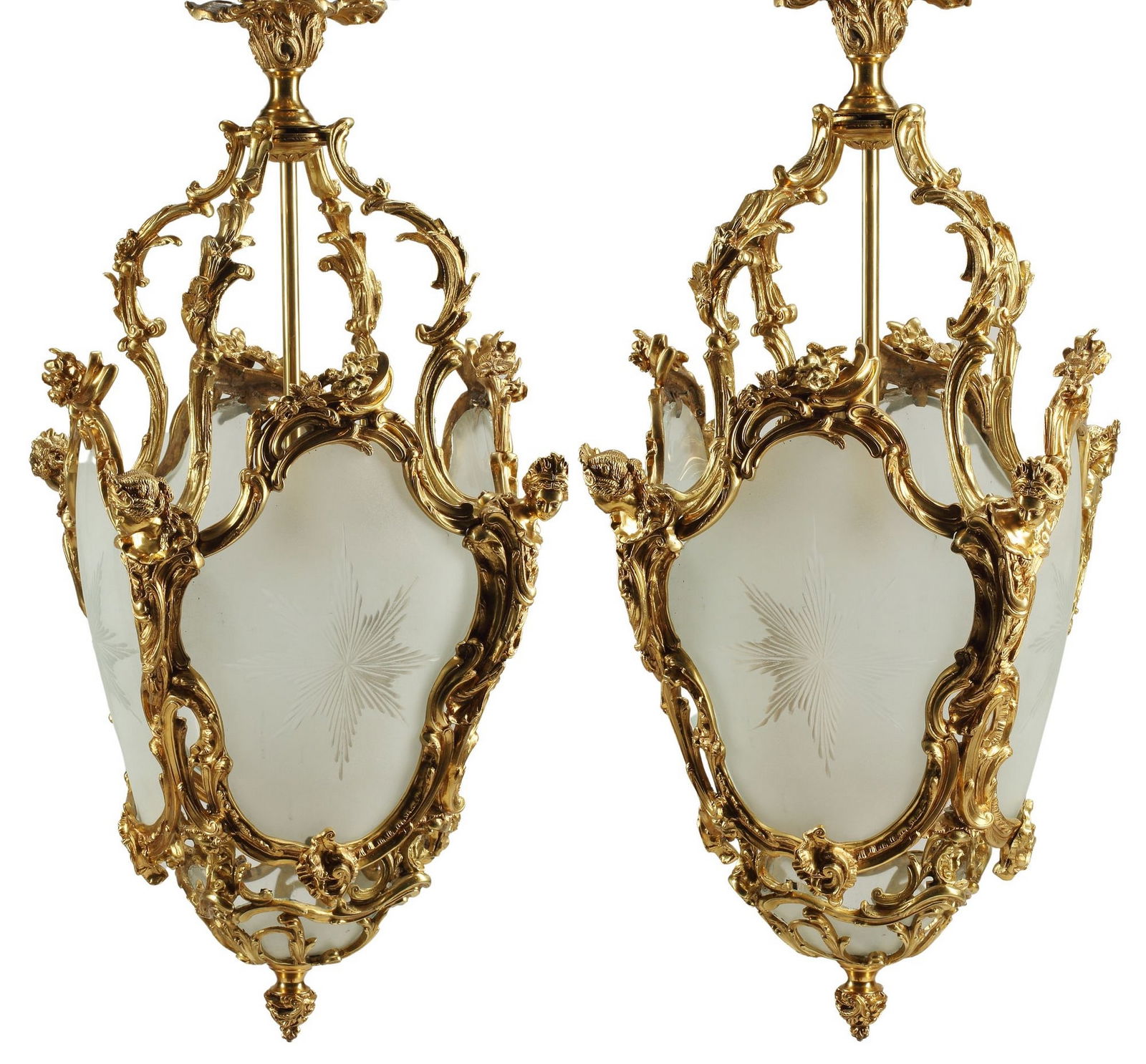(2) LOUIS XV STYLE ORMOLU & ETCHED GLASS HANGING LANTERNS (1 of 5)