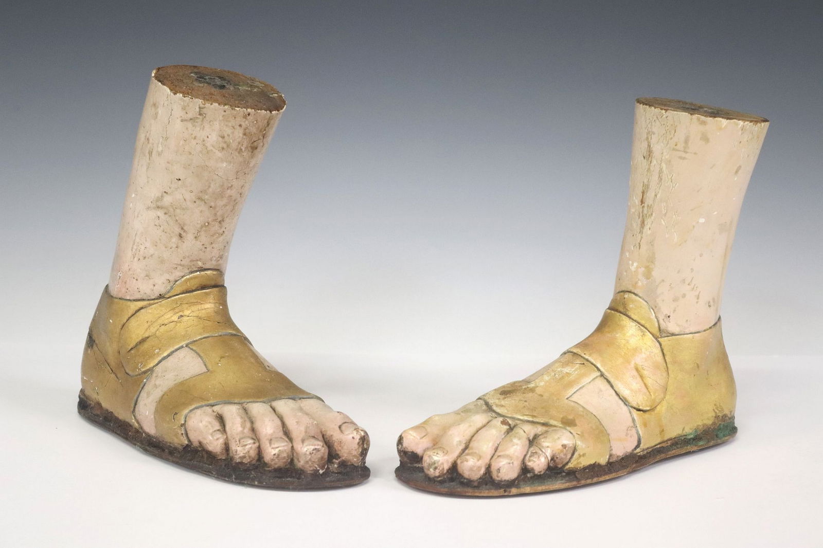 (2) CONTINENTAL CARVED & PAINTED WOOD FEET FROM AN ALTAR FIGURE/ SANTO (1 of 3)