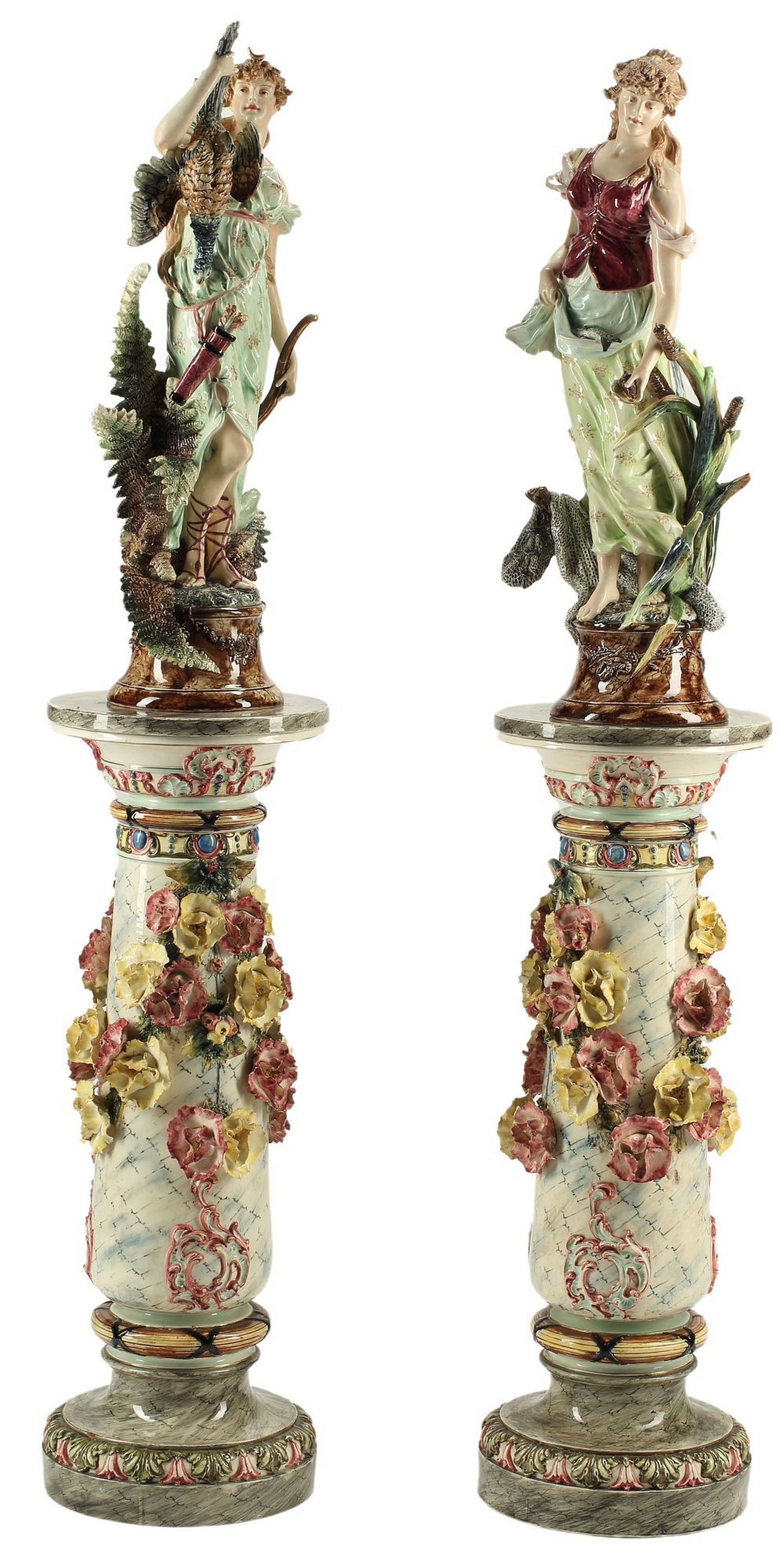 (2) CONTINENTAL MAJOLICA FIGURES ON PEDESTALS (1 of 9)