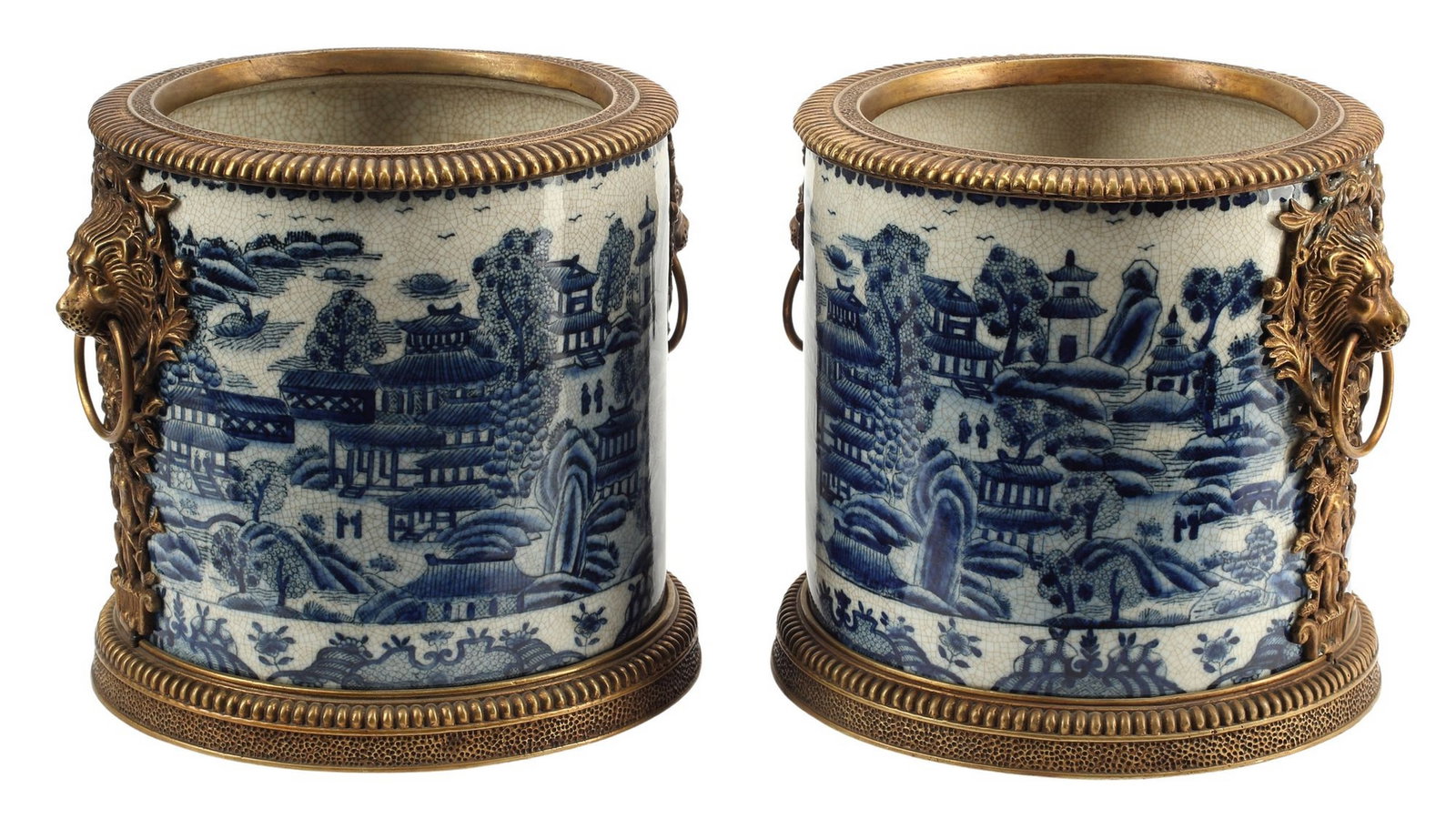 (2) BRONZE-MOUNTED BLUE & WHITE WINE COOLERS OR CACHEPOTS: (pair) Bronze-mounted blue and white wine coolers/ cachepots, United Wilson Porcelain Factory (Hong Kong) mark underfoot, approx 10"h, 10.5"diam, 30.6lbs total