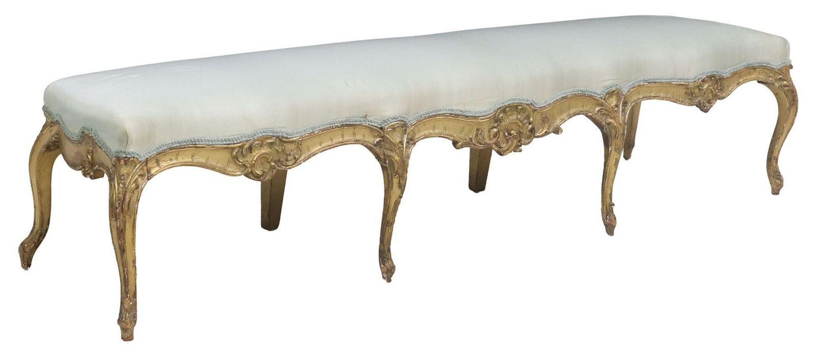 LOUIS XV STYLE GILTWOOD UPHOLSTERED LONG BENCH, 86"L (1 of 4)