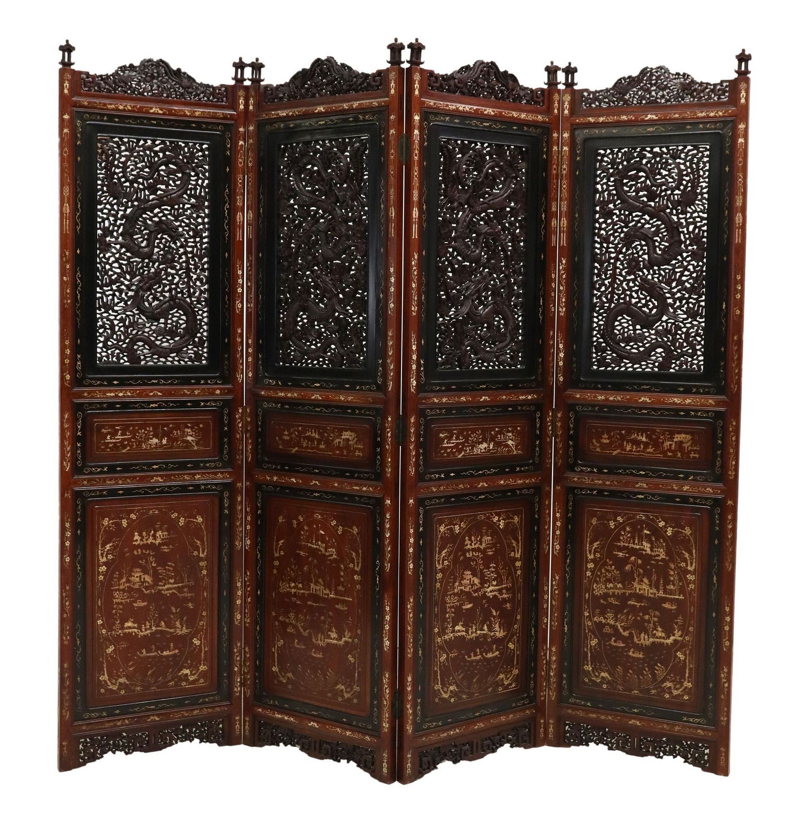 CHINESE CARVED & PIERCED HARDWOOD FOUR-PANEL FLOOR SCREEN (1 of 4)