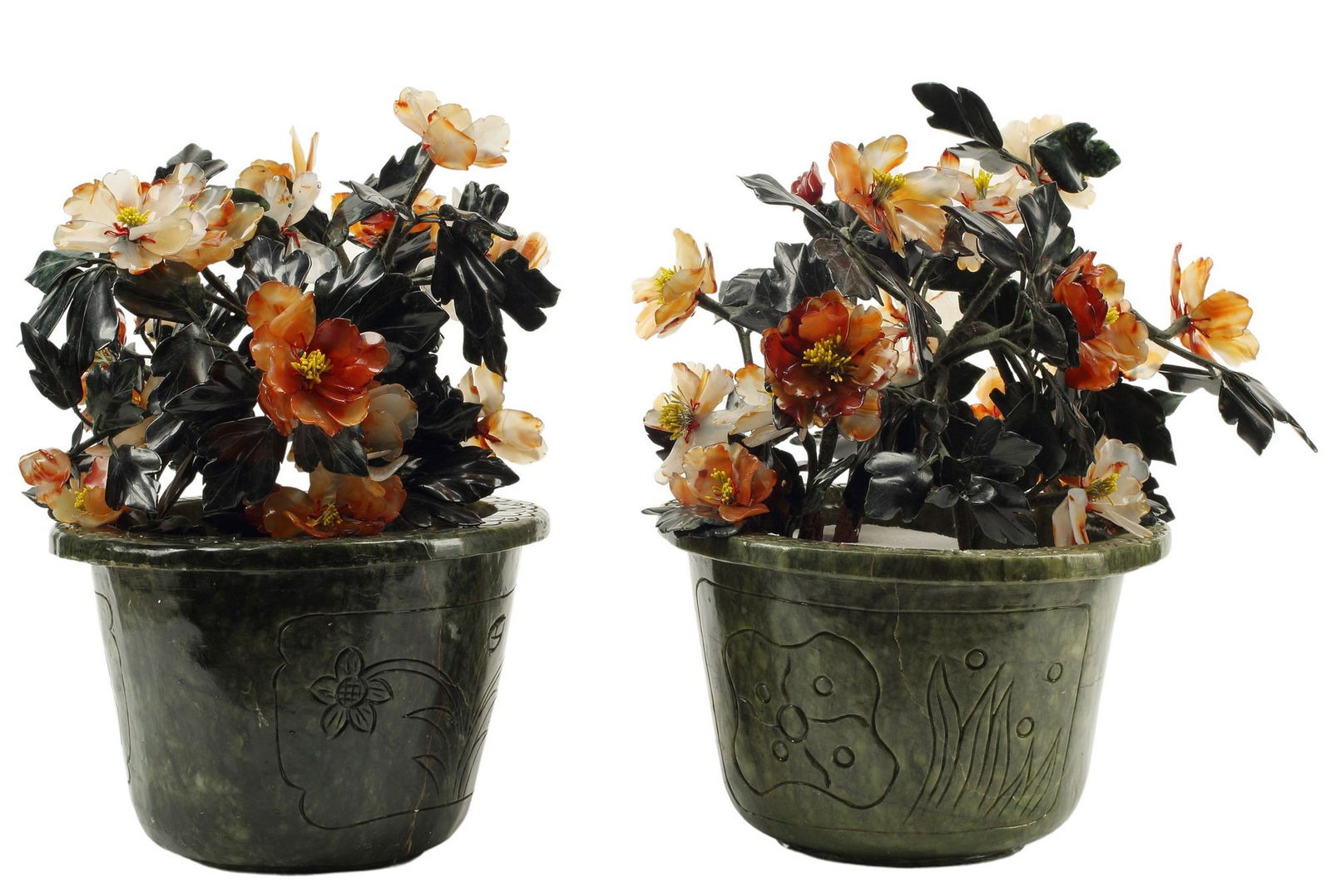 (2) CHINESE HARDSTONE FLOWERING TREES IN GREEN HARDSTONE PLANTERS (1 of 4)