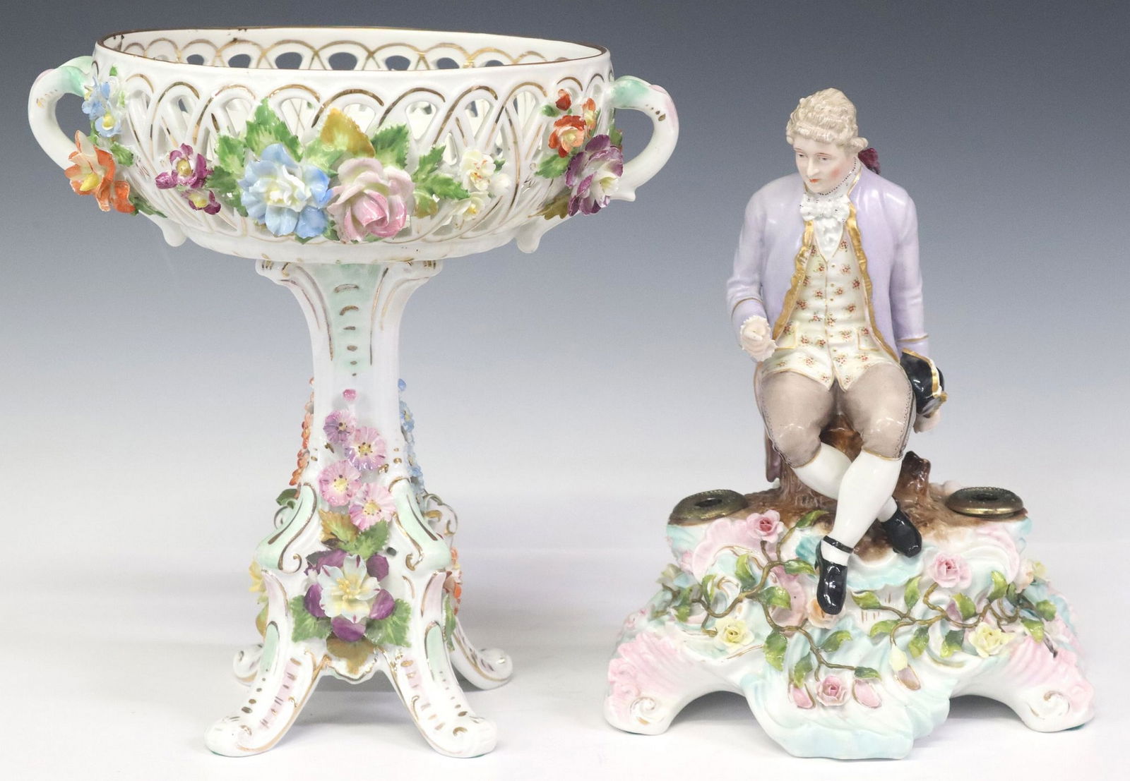 (2) GERMAN PORCELAIN TABLE ITEMS, SCHIERHOLZ FIGURE & DRESDEN COMPOTE (1 of 5)