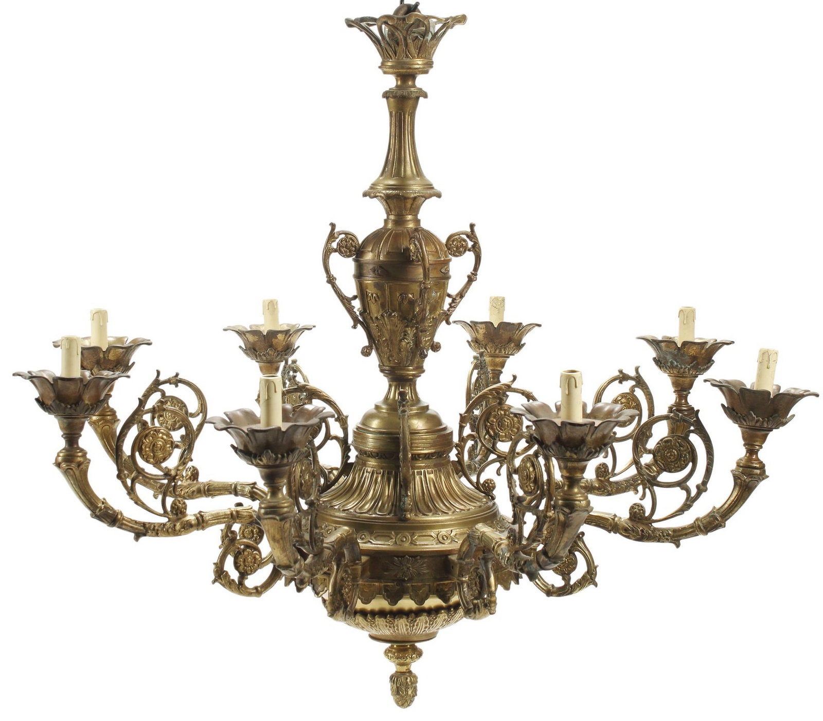 LOUIS XIV STYLE BRONZE EIGHT-LIGHT CHANDELIER: Louis XIV style bronze eight-light chandelier, in need of wiring, approx 40"h, 46"diam