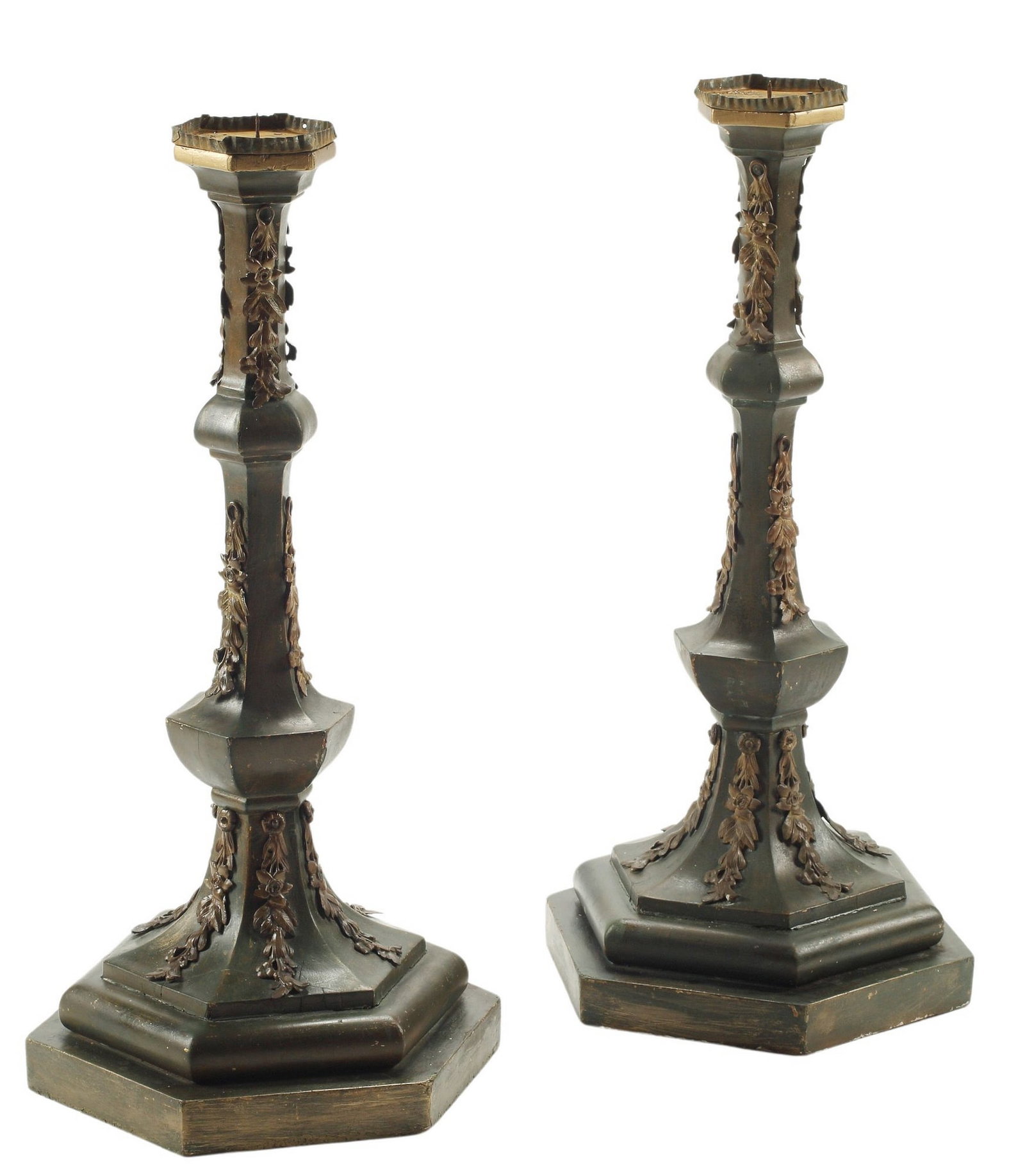 (2) ITALIAN PAINTED & GILT-METAL-MOUNTED CANDLE PRICKETS: (pair) Italian painted candle prickets, approx 34.5"h, 16.5"diam, 40lbs total