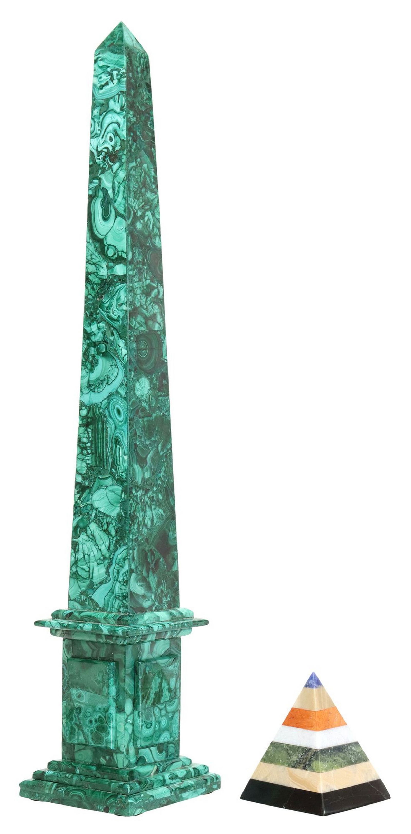 (2) DECORATIVE MALACHITE OBELISK & SPECIMEN MARBLE PYRAMID (1 of 5)
