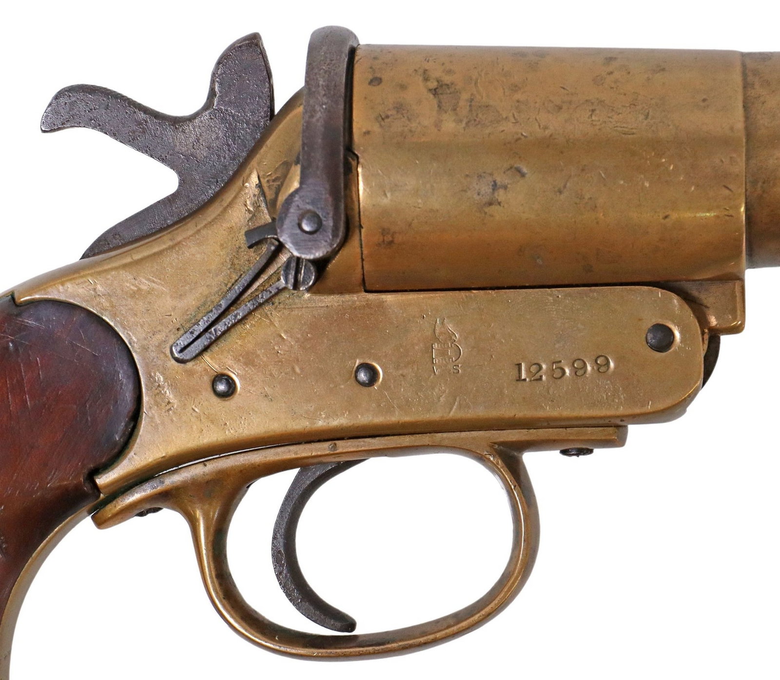 WEBLEY & SCOTT MKIII FLARE GUN: Webley & Scott MKIII brass signal gun, London & Birmingham, 1915, top break 5.75" barrel, 1" bore, flared muzzle, hardwood grips, lacks lanyard ring, numerous British markings, brass
