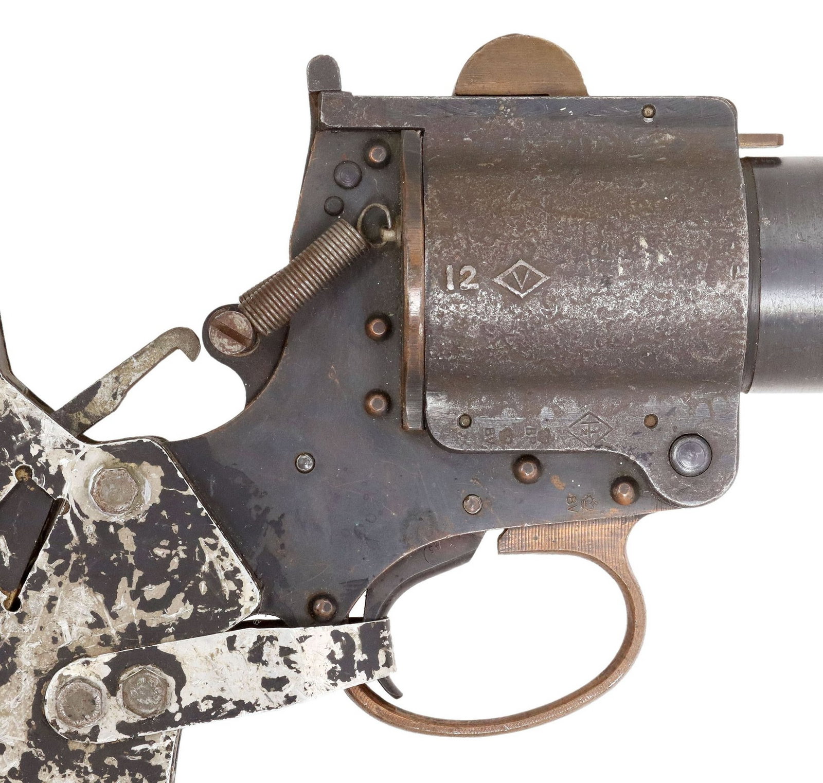 SCARCE W&S NO 4 MK 1 AIRCRAFT FLARE GUN: Webley & Scott No. 4 MK 1 WWII Aircraft signal gun, 1943, steel with copper trigger guard, 4.1/8" barrel with locking lugs for aircraft install or barrel extension, 1.5" bore, attached e