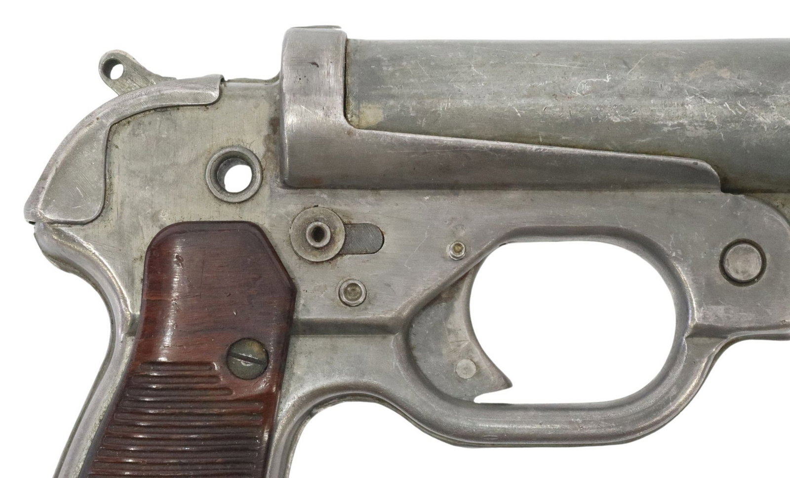 GERMAN LP42 FLARE GUN, WWII: German Leuchtpistole 42 , LP42, this example with Wa mark mfg. by Hugo Schneider Hasag A.G., Lampenfabrik, Leipzig, factory code on upper frame, 6" barrel, 1" bore, bro