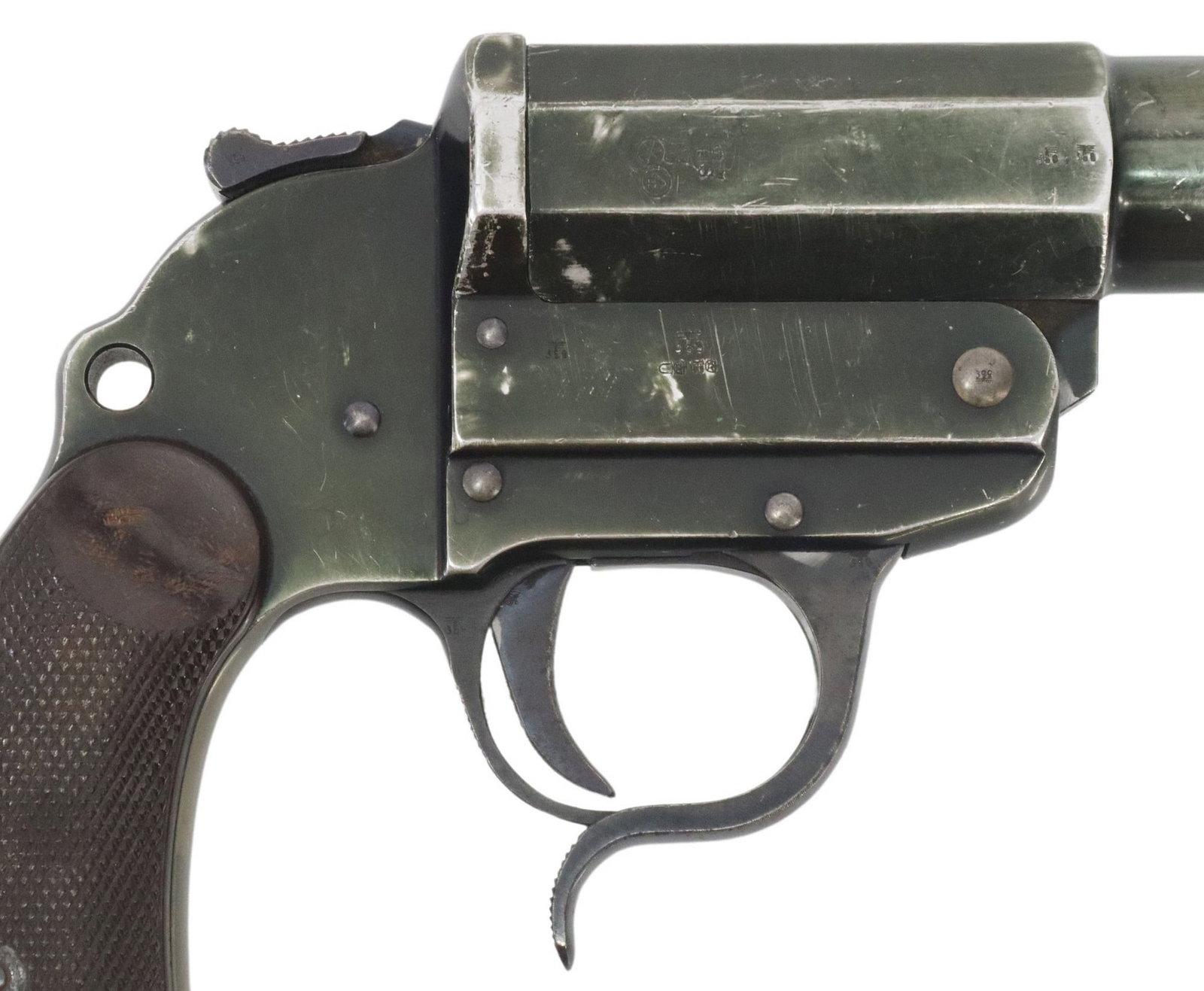 GERMAN WALTHER WWII FLARE GUN, 1939: German WWII Walther signal pistol, marked at left frame "Waffenfabrik Walther Zella-Mehlis (Thur), over Walther banner and "1939", right barrel and frame with three Nazi markings o