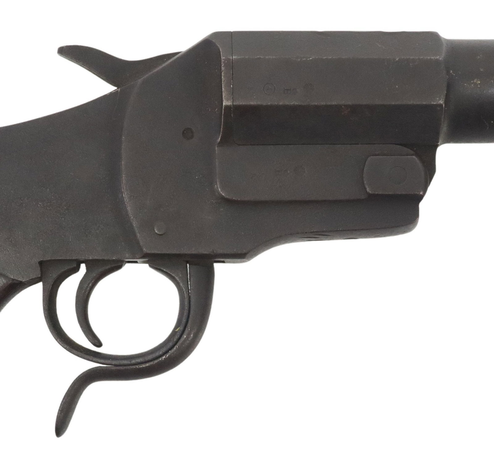 GERMAN HEBEL 1894 FLARE GUN, GREIFELT & CO: German Hebel 1894 Signal Pistol, the left frame with serial number preceded by "G&Co" (Greifelt & Co., Suhl), proof marks at right barrel and frame, steel, 9" barrel, wood grips