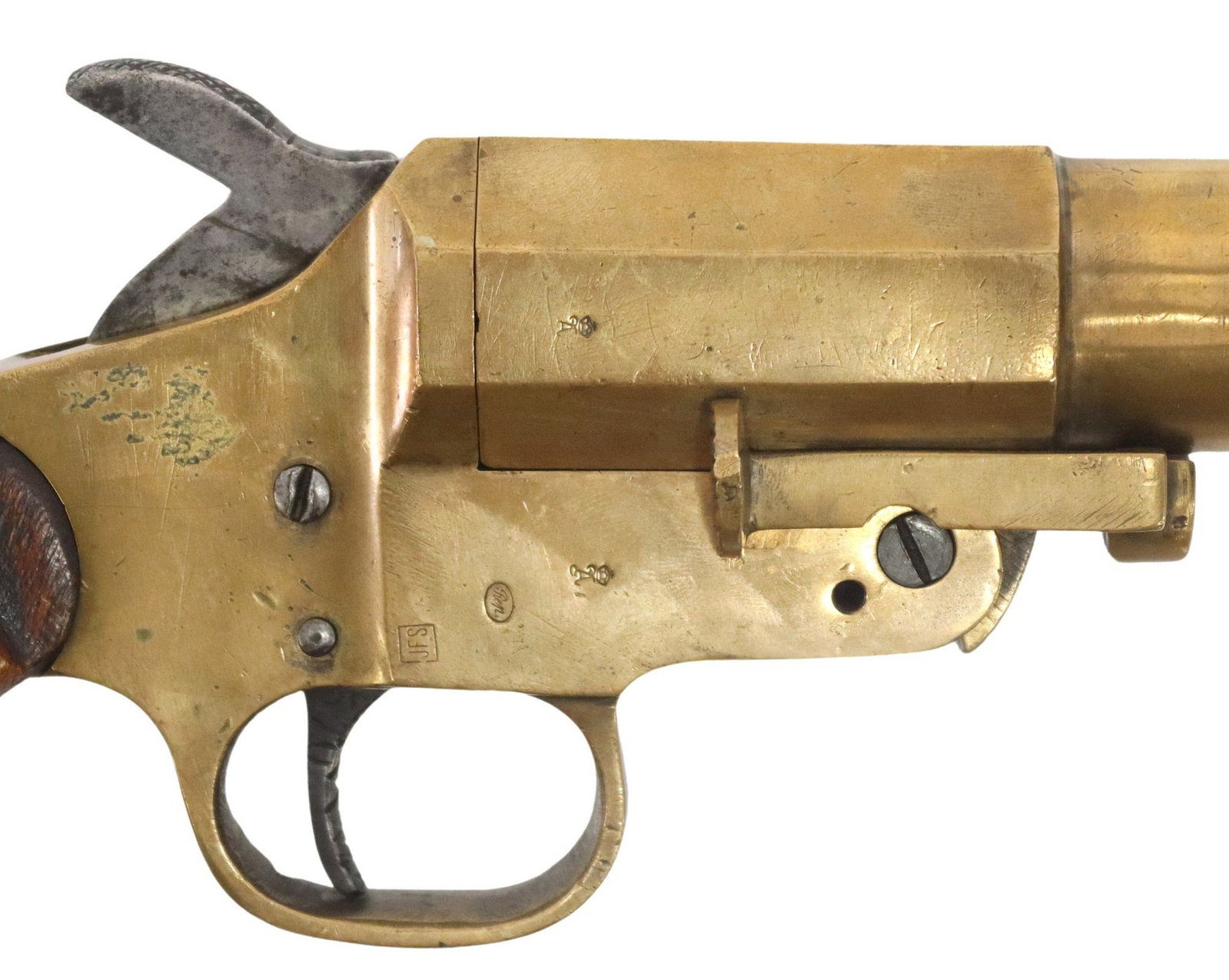 GERMAN ST&B 1915 FLARE GUN: Stantien & Becker Lubeck, Germany, c, 1915, Weber model, signal gun, marked at the butt "ST&B 15" (hard to read), serial number "2570" under right grip, under left push pus