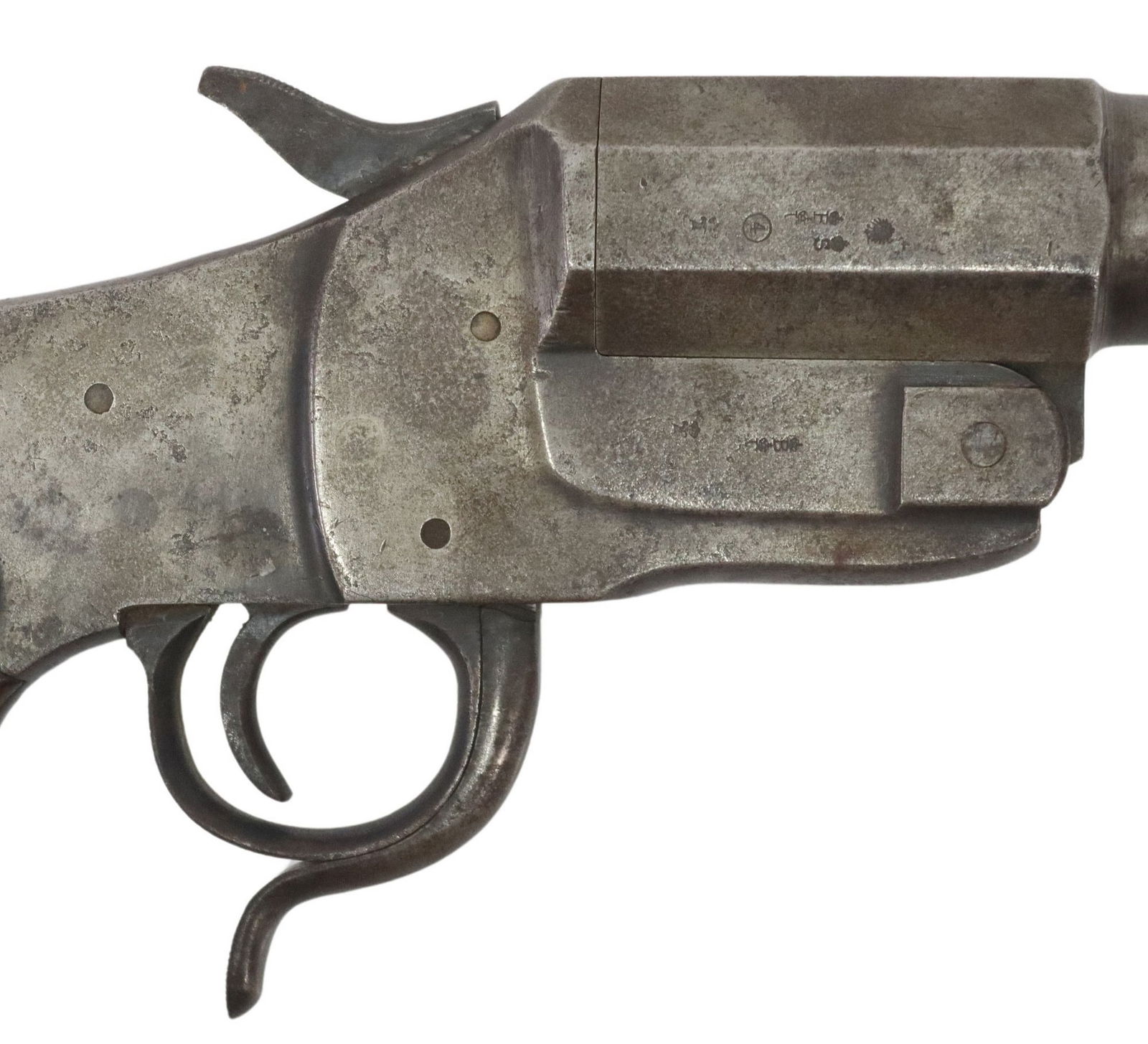 GERMAN HEBEL SHORT BARREL FLARE GUN: German Hebel Short Barrel Signal Gun, Model 1894, marked at the left side serial number "44359 repeated at underside of barrel lug, "JGA in a circle (factory code for J. G. Anschutz Ger