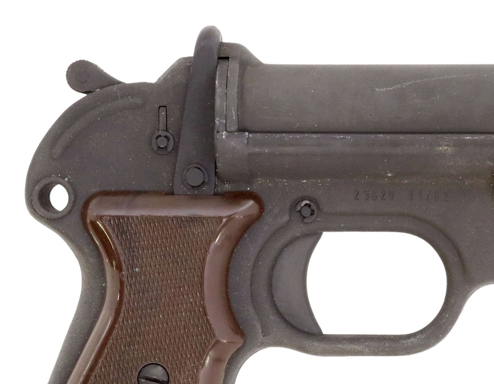 GERMAN GECO FLARE GUN: West German Signal Pistol by GECO, markings include at left frame "Signal Pist. 26.5mm and GECO logo", left barrel flange visible when open two "eagles", at right frame SN "23