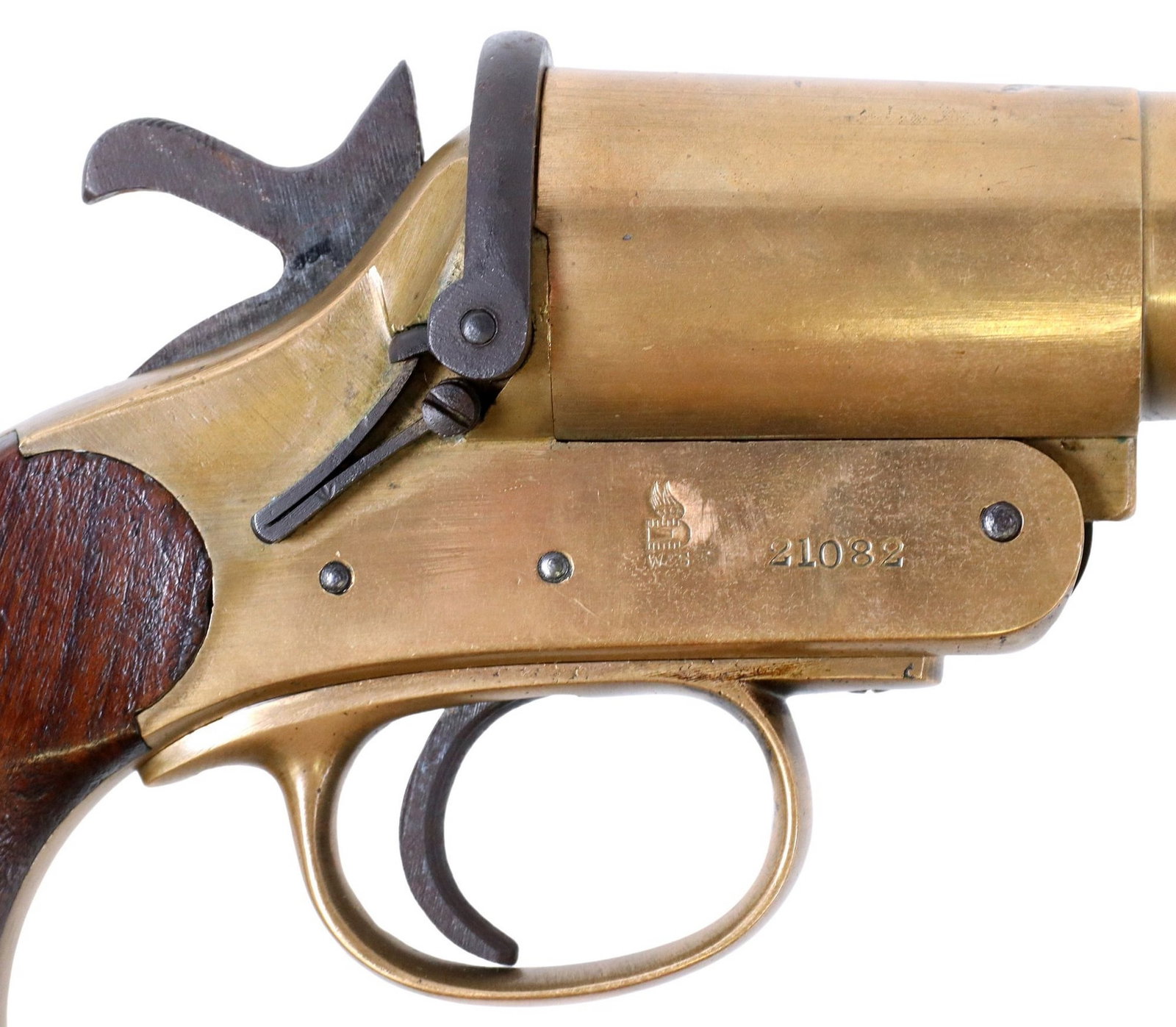 WEBLEY & SCOTT III FLARE GUN: British Webley & Scott III Signal Pistol, mfg. 1915, markings include at left frame "Webley & Scott Ltd., London & Birmingham, 16, broad arrow, III, crown over F1, 13, crown over GR o
