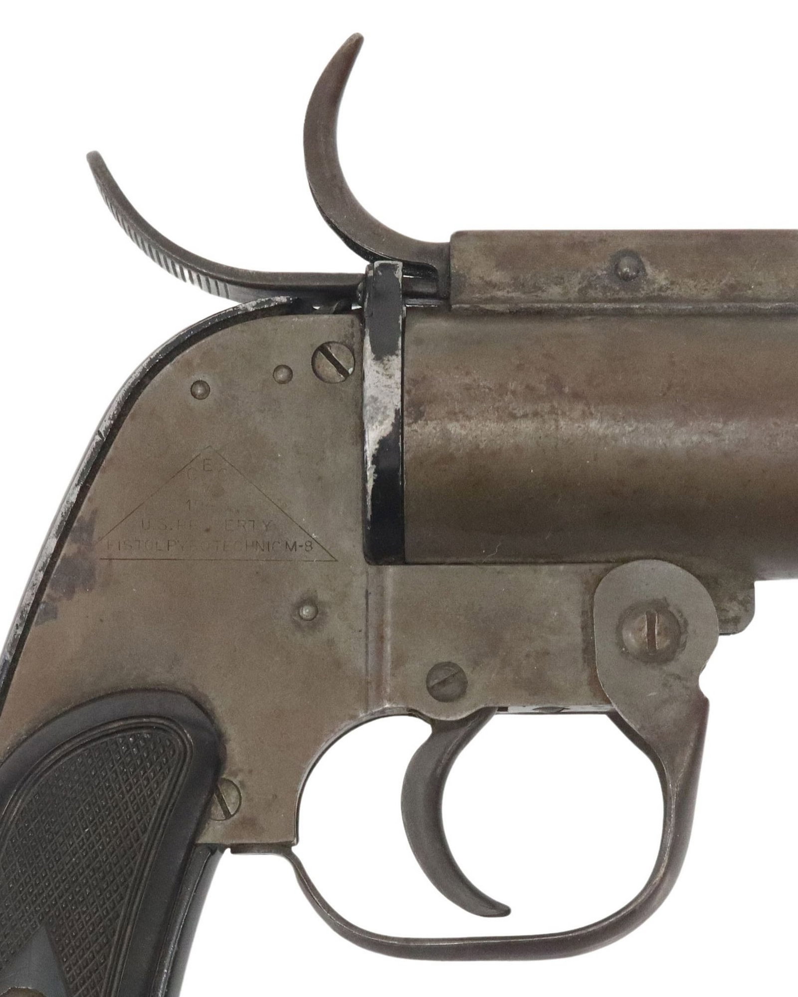 CECV U.S. FLARE GUN, 1943 WWII: U.S. Signal Pistol marked at the right frame within a triangular form "CECV, 1943, U.S. Property, Pistol Pyrotechnic, M-8, marked at the backstrap "Serial No. E-155348, butt markings obscure
