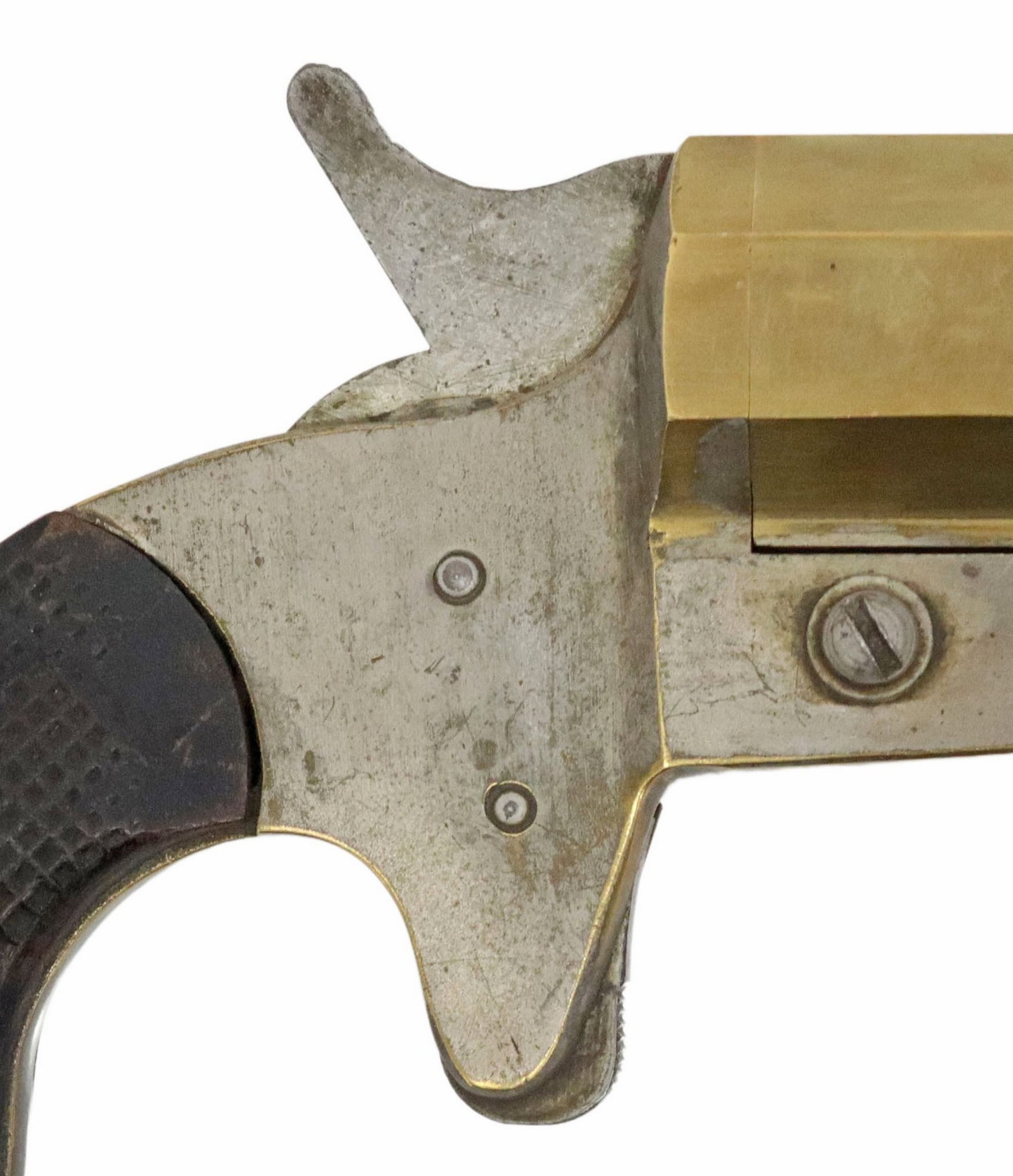 FRENCH FLARE GUN: French Signal Pistol, marked at rear of barrel lug marked "0 over D" and "185", the 4" brass octagonal and round barrel opens with swivel lever at left frame, steel frame