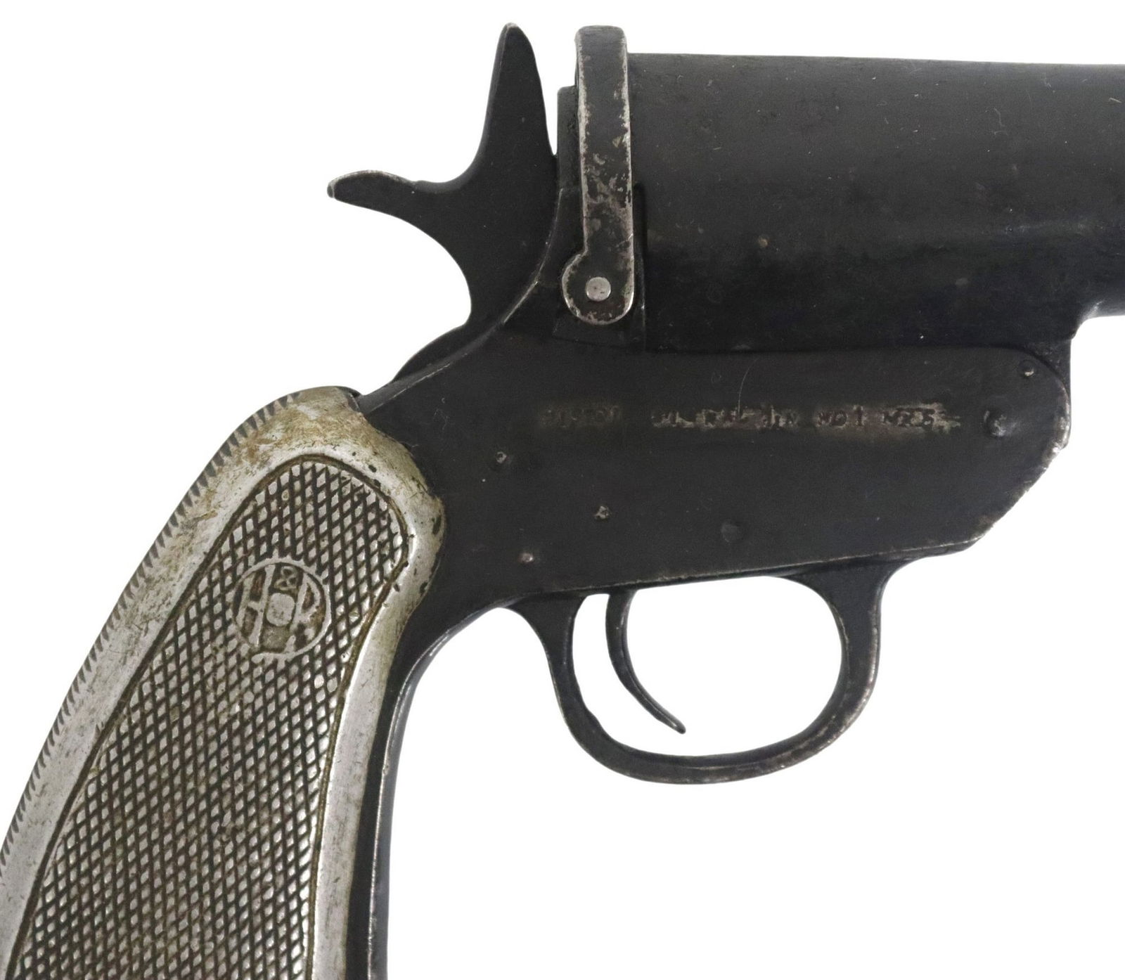 H&R NO.1 MK6 FLARE GUN: Harrington & Richardson Signal Gun, left frame with SN 9161, left barrel with serial number and star, right frame marked "Pistol Flare 1in No1 Mk6", serial number repeated on frame strap