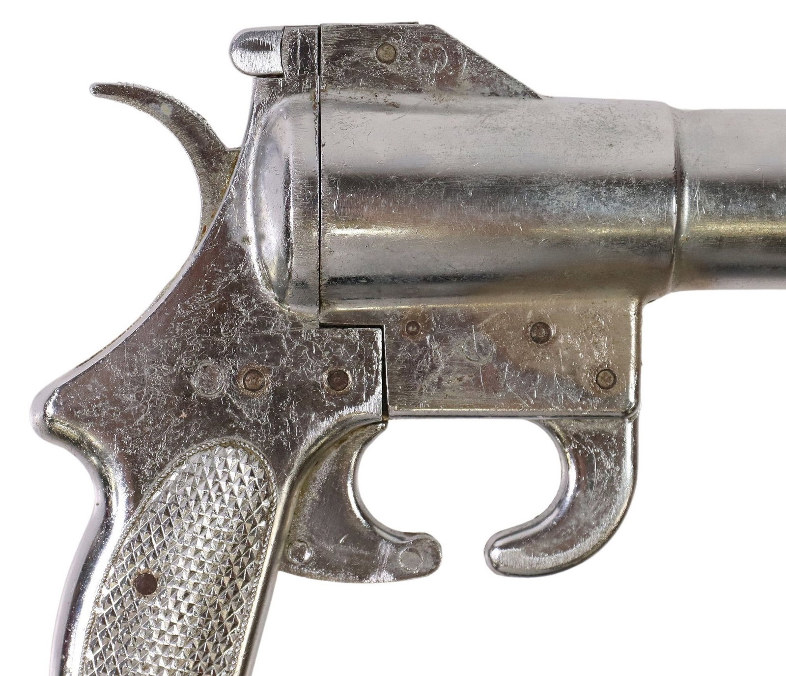 PYROTECHNIC CO. FLARE GUN: Signal Pistol by "Pyrotechnic Co., Los Angles" and so marked at left frame within a circle, further marked at left frame serial number "13091", "PT6-58", "USCG Appro