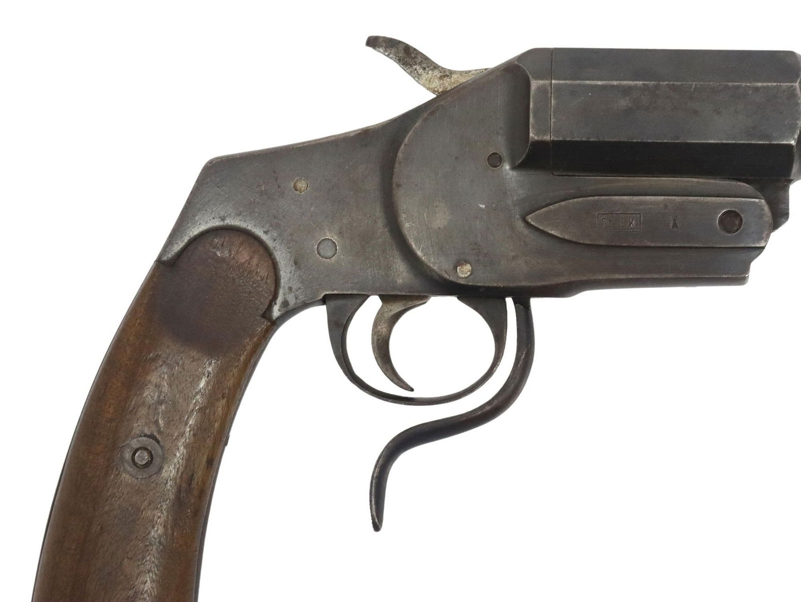 GERMAN 1894 HEBEL FLARE GUN: German Hebel Model 1894 Signal Pistol, marked at the left frame "Dapag" (believed to be mfg. Deutsche Abel-Postwertzeichen-Automaten GmbH Berlin", and serial number "3749"