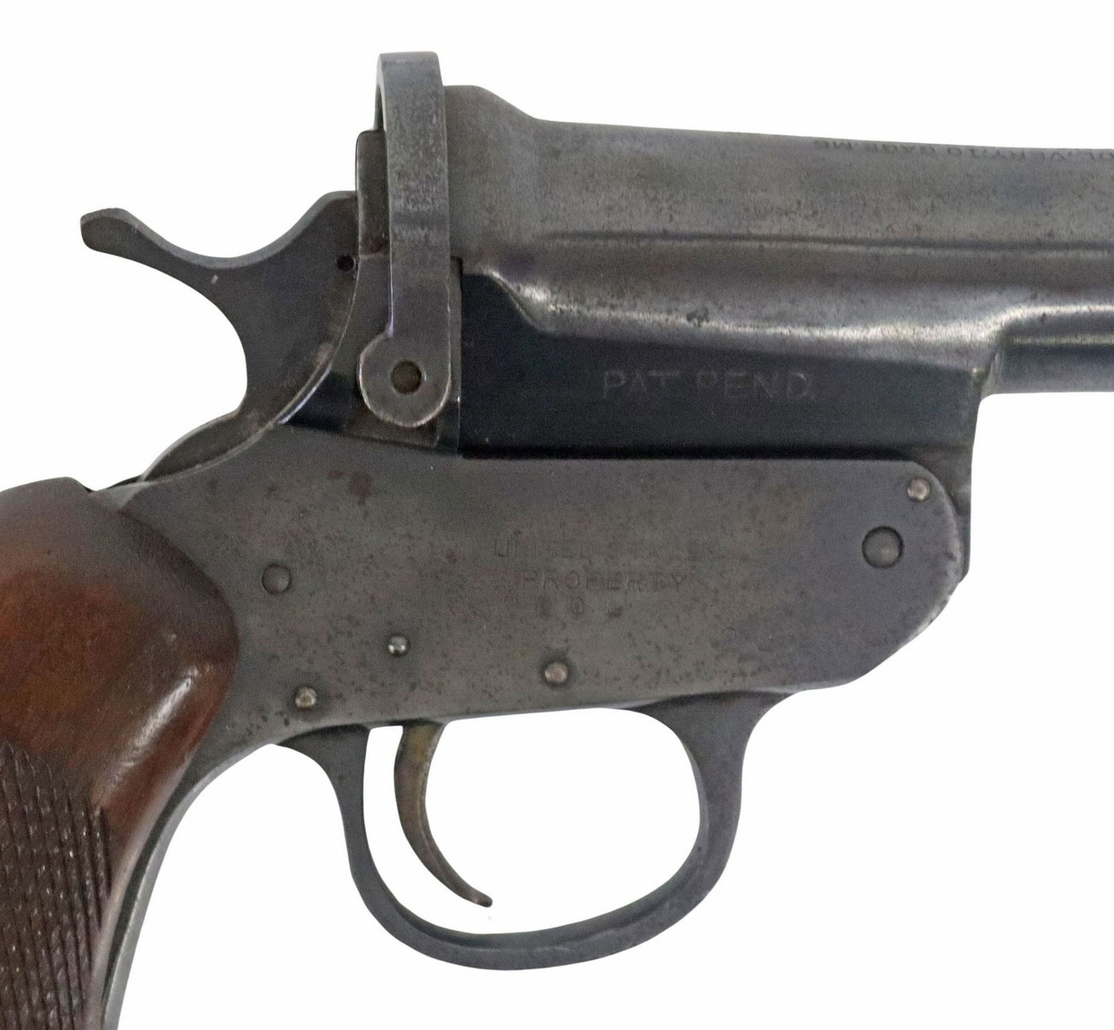 H&R MODEL 5 VERY PISTOL: H&R Model 5 Signal Pistol, marked at barrel top "Pistol.Very. 10 GAGE, M5, Harrington & Richardson Arms Co, Worcester, Mass, U.S.A.", marked at the right barrel "Pat. Pend."