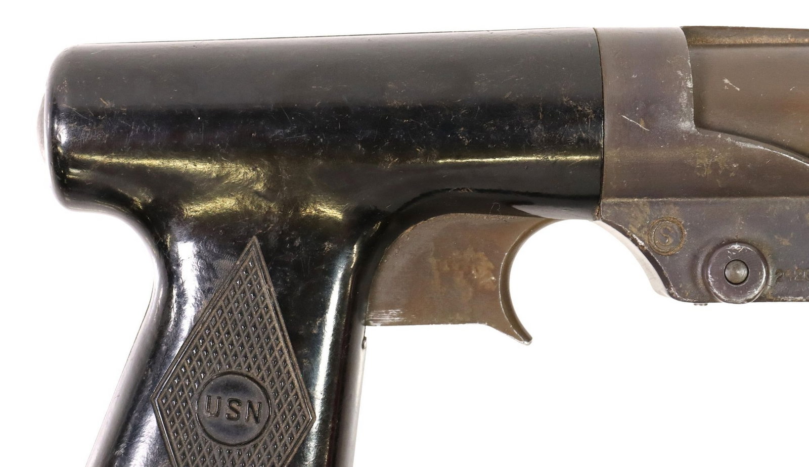 U.S. NAVY SEDGLEY MK5 1942 FLARE GUN: Mark 5 Signal Pistol, double action, marked at the barrel top "R.F. Sedgley Inc. 1942), and "242692-A-3, marked at lower right frame "242692-2" and "S in circle", ma