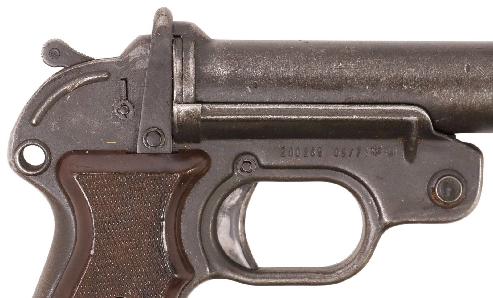 GERMAN LP 42 FLARE GUN: German LP-42 Signal Pistol, marked at front of left frame "eagle over N", left barrel underside with inspection mark next to rivets, other markings above trigger mostly obscured, right 