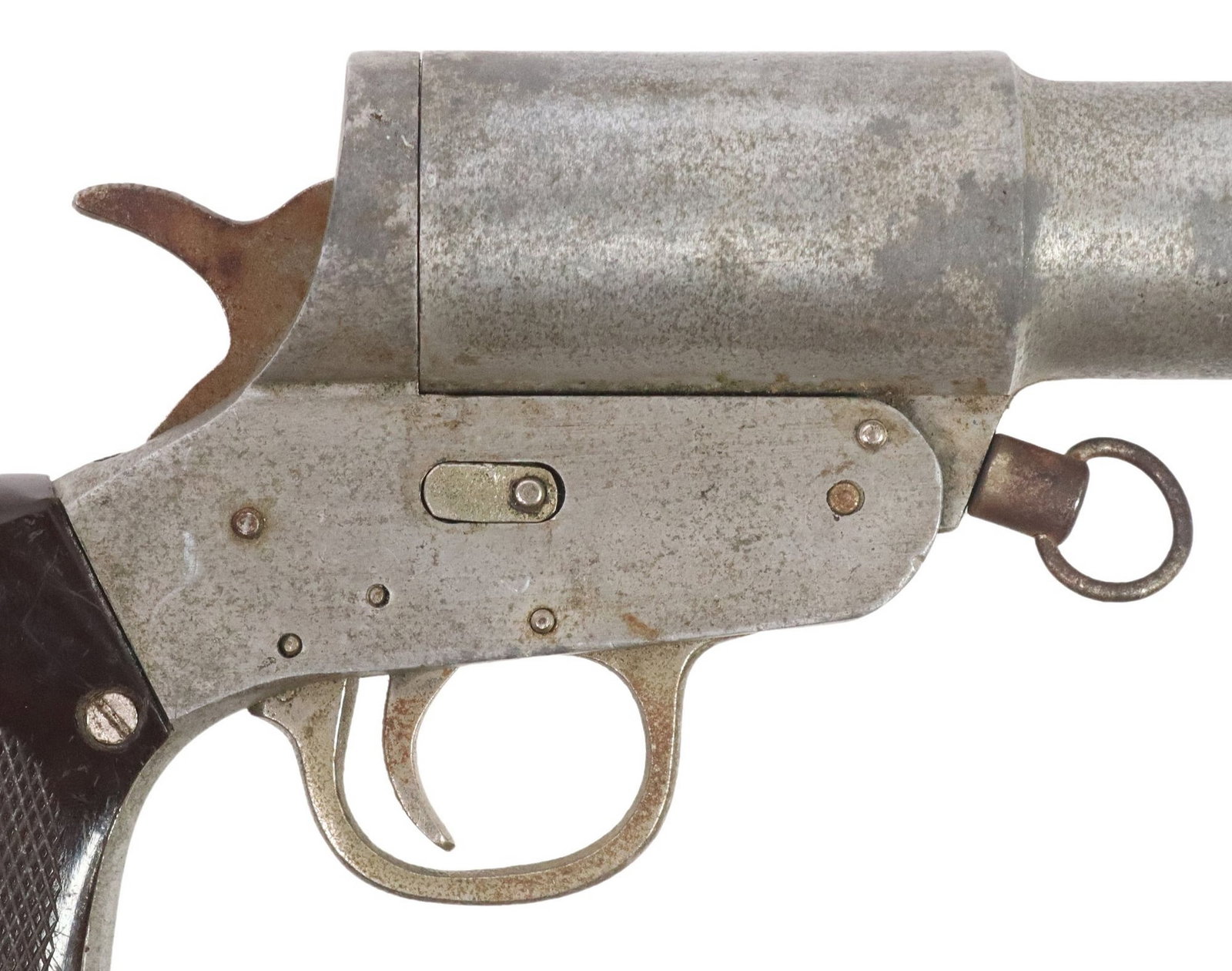 ALUMINUM FLARE GUN:  Signal Pistol similar to the H & R Signal Gun, Model Mark III, unmarked except for serial number on lower front tang between grips "A90", aluminum construction, the