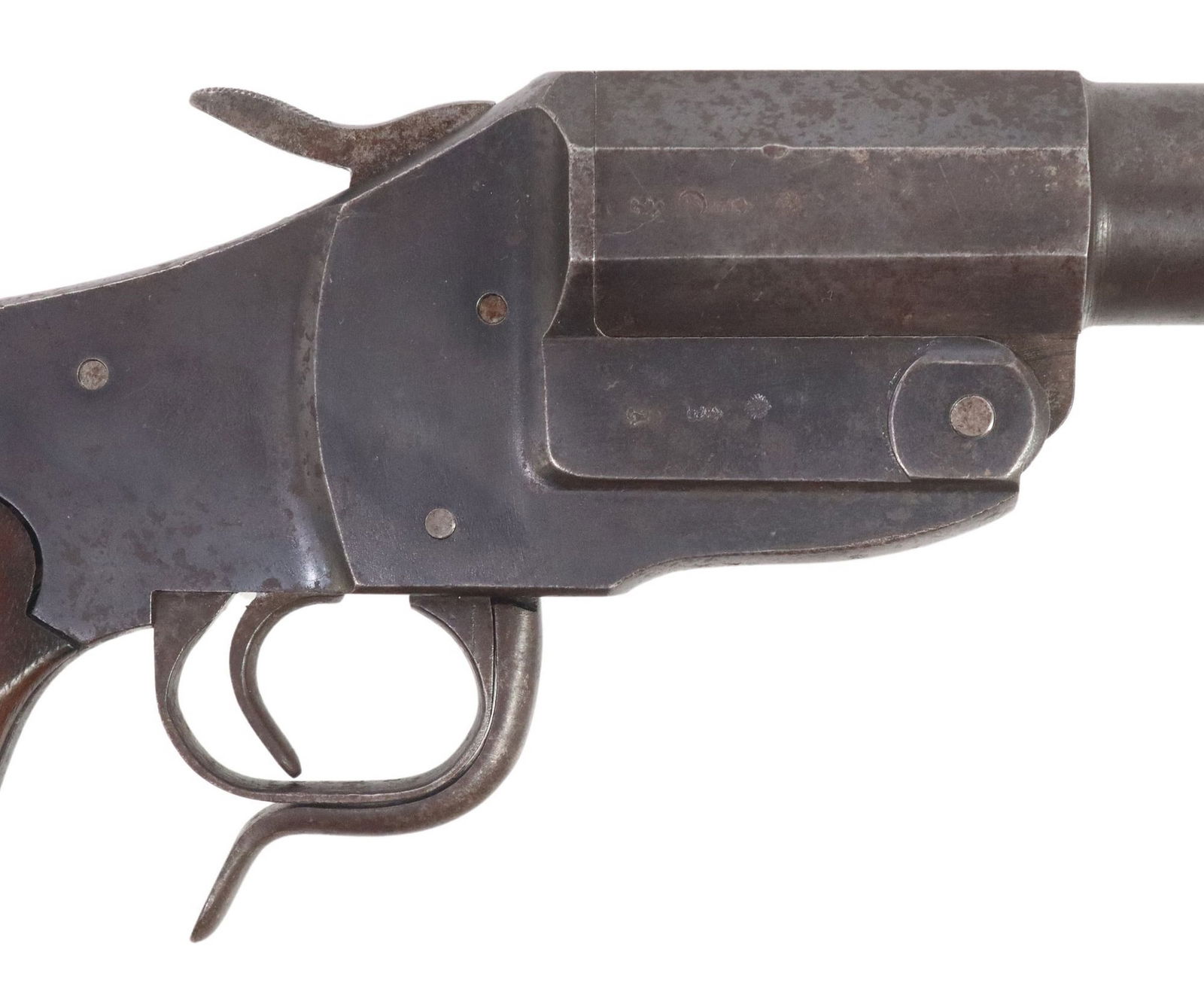 GERMAN M1894 HEBEL FLARE GUN: German Hebel Model 1894 Signal Pistol, marked at the left frame "G,M. (believed to be Gebruder Merkel, Suhl), and serial number "3543", right barrel and frame with "eagle, cro