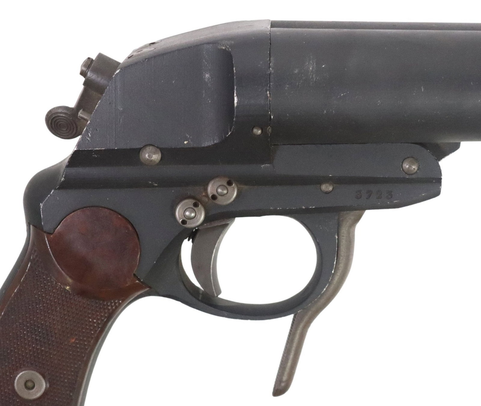 GERMAN TWO BARREL 1943 FLARE GUN: German Krieghoff Double Barrel Signal Pistol, mfg. 1943, Model L, marked at the left frame serial number "F1 24483", marked at left barrel lug "3723", marked at left frame immediat