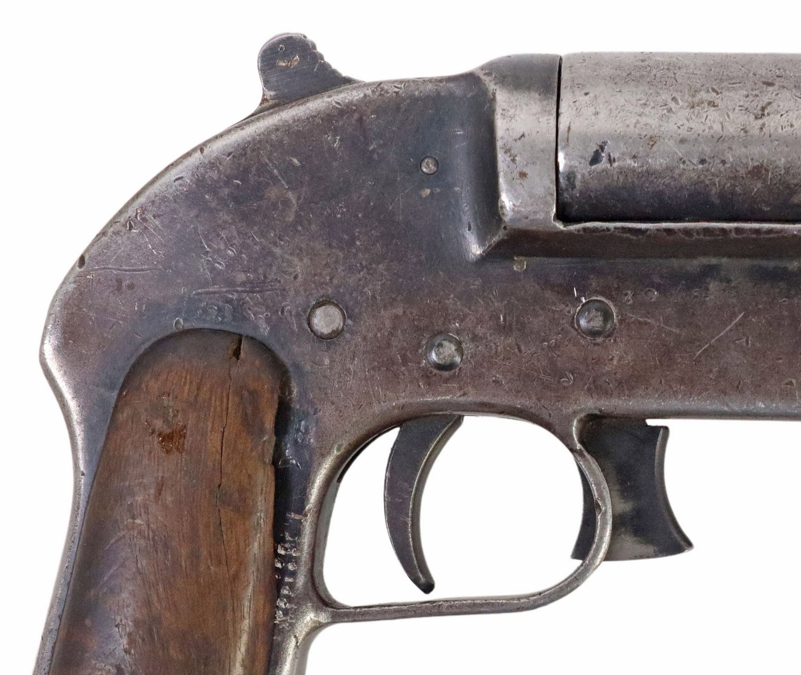 BELGIAN FLARE GUN: Belgium Signal Pistol, serial number marked at the underside of trigger guard "M413" and repeated at left barrel lug, barrel opens with pull lever in front of trigger guard, finish is silver