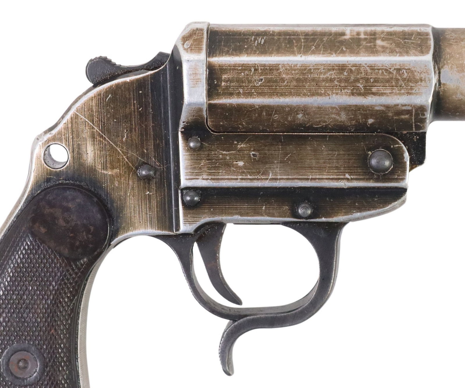 GERMAN LP34 ERMA FLARE GUN: German Erma Signal Pistol, Model LP34, the left frame marked "Erma-Frfurt" (ERMA-Erfurter Maschinenfabrik B. Geipel Gmb), the lower left barrel flat marked "52", upper le