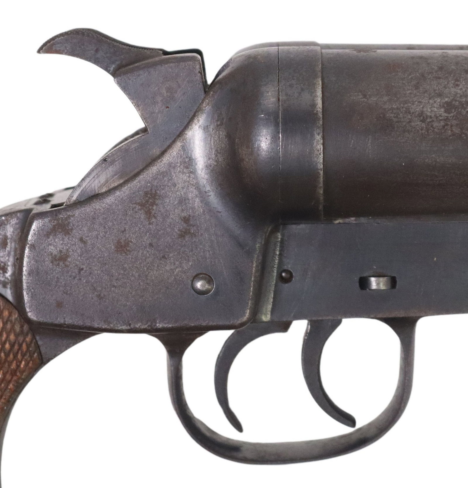 SCARCE 1920'S JAPAN TWO BARREL FLARE GUN: Japanese Navy Double Barrel Signal Pistol, early 1920's, marked at the upper backstrap "character in circle", "anchor", "symbol of the manufacturer, The Kayaba Compan